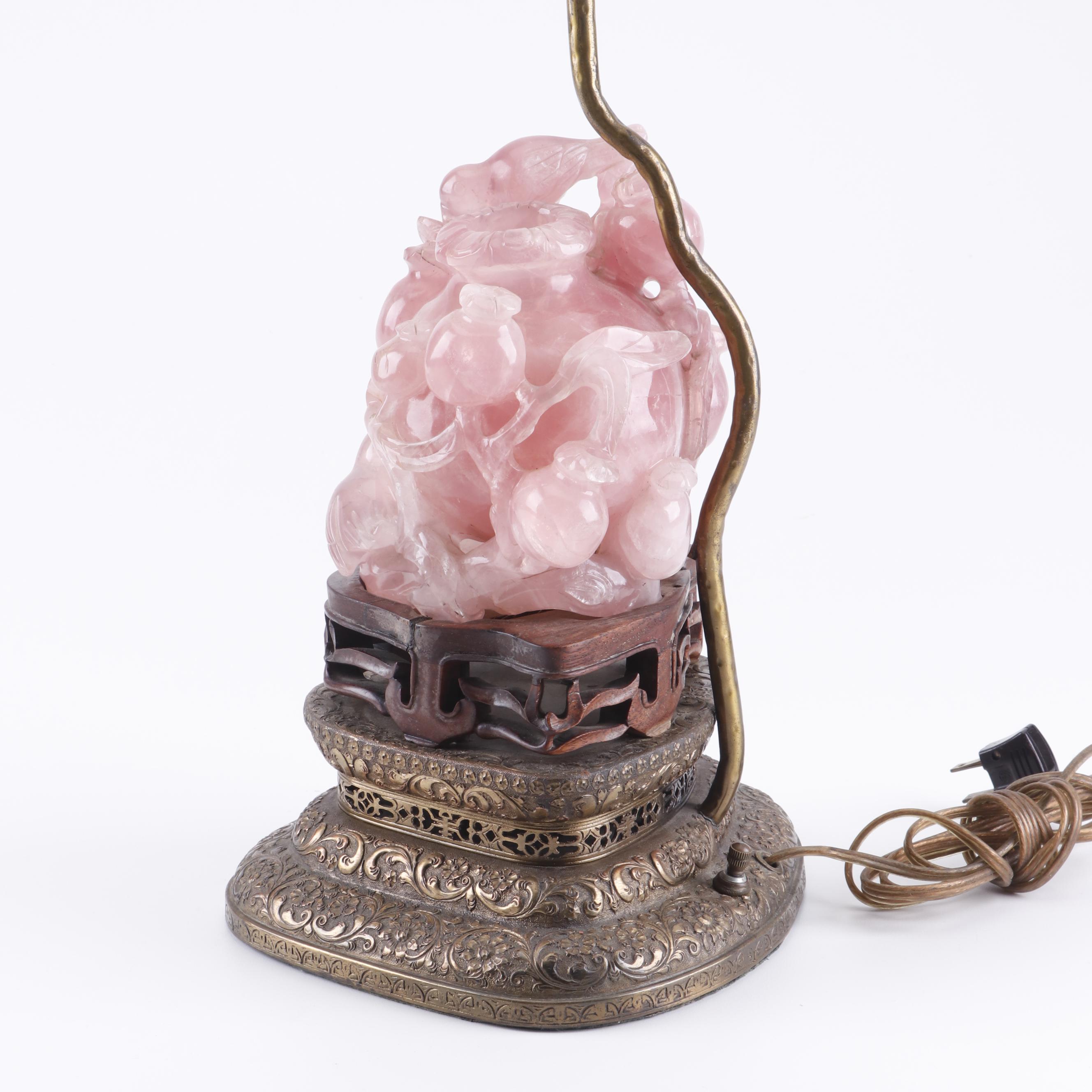 Chinese Carved Rose Quartz Table Lamp with Intricate Arabesque Relief Brass Base