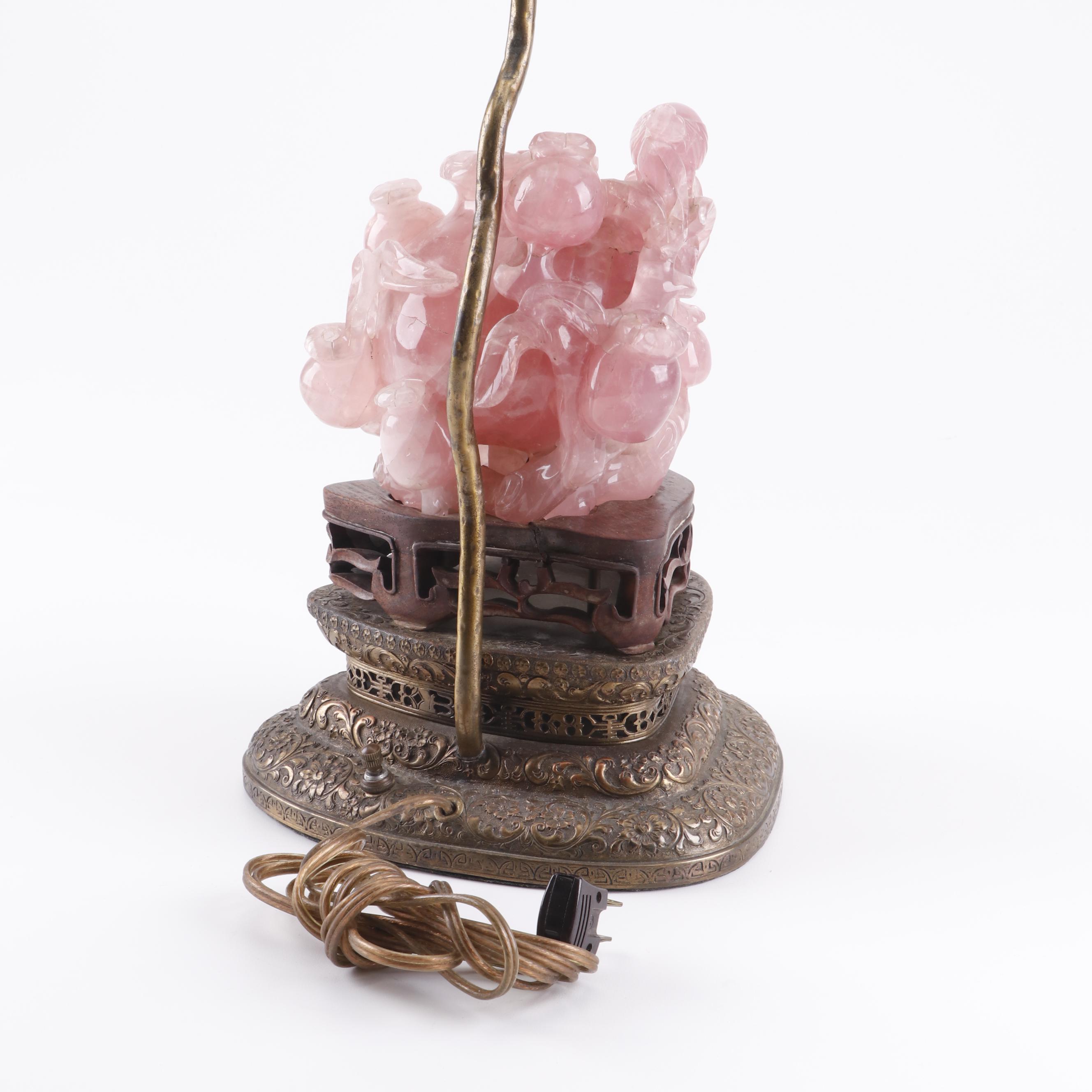 Chinese Carved Rose Quartz Table Lamp with Intricate Arabesque Relief Brass Base