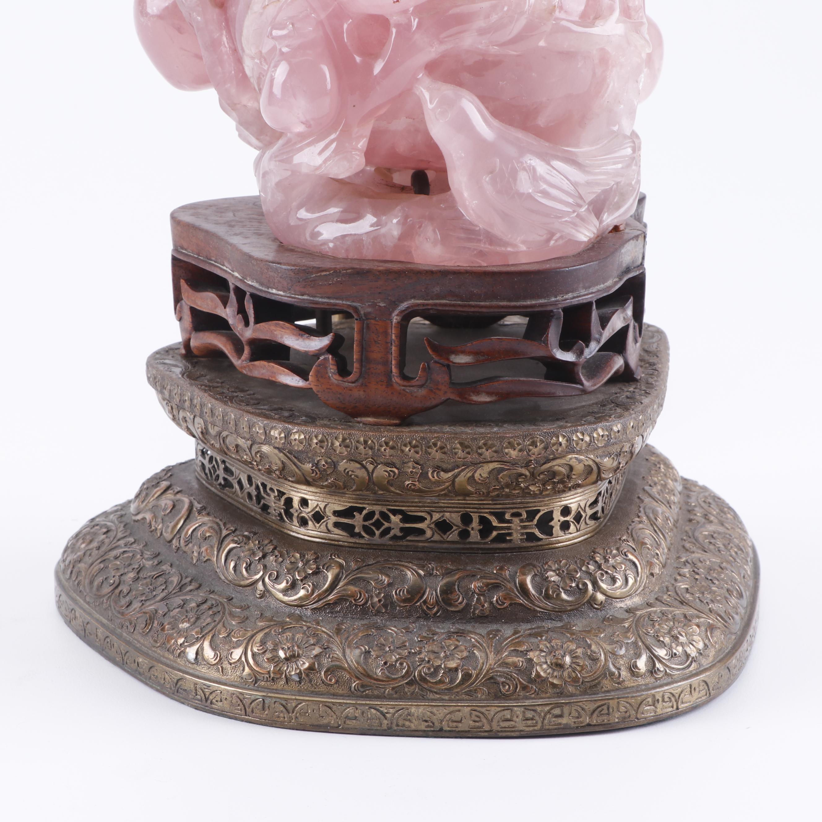 Chinese Carved Rose Quartz Table Lamp with Intricate Arabesque Relief Brass Base