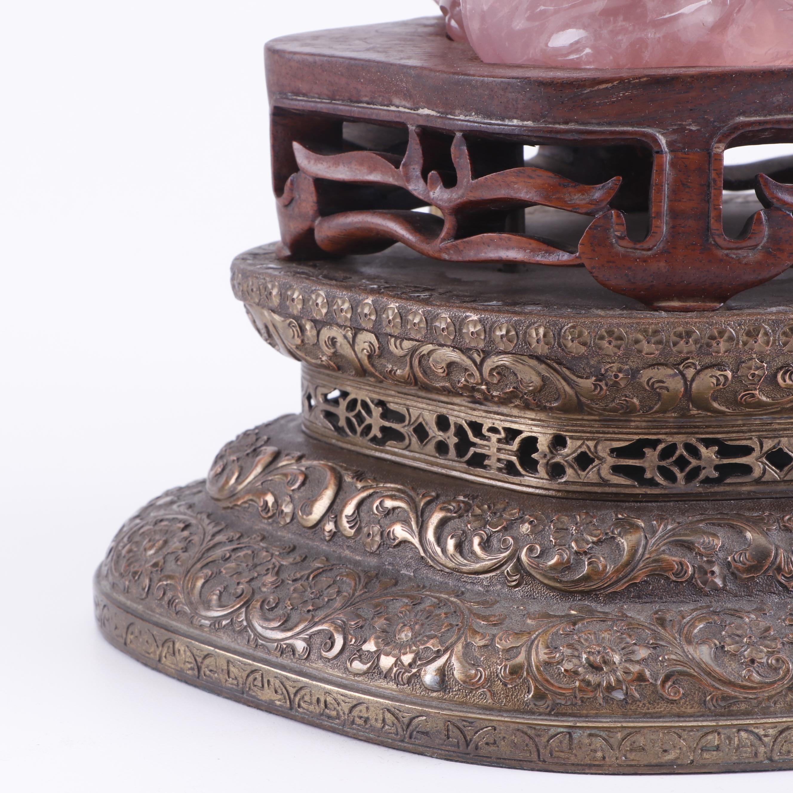 Chinese Carved Rose Quartz Table Lamp with Intricate Arabesque Relief Brass Base