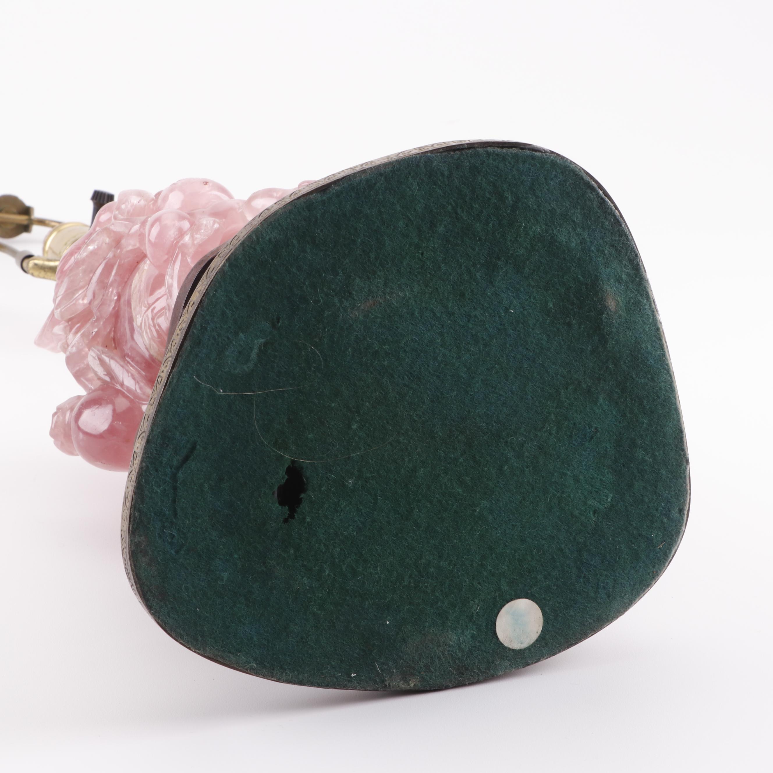 Chinese Carved Rose Quartz Table Lamp with Intricate Arabesque Relief Brass Base