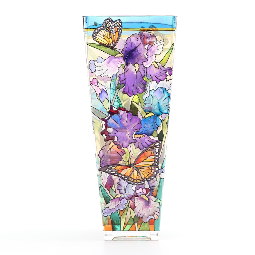AMIA Studios Hand-Painted Iris Flower and Monarch Butterfly Themed Glass Vase
