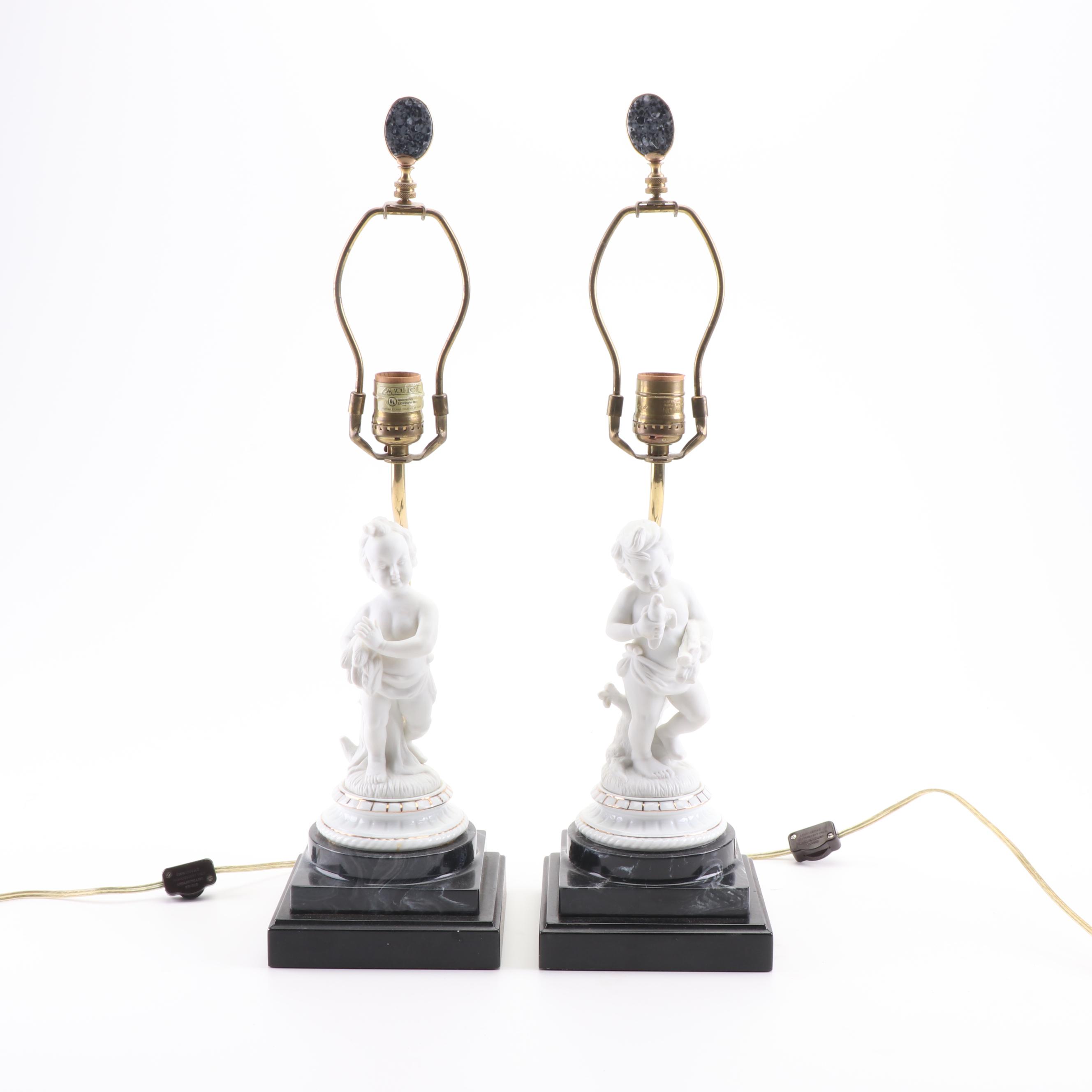 Cherubic Figural Ceramic Table Lamps on Faux Marble Pedestal Bases