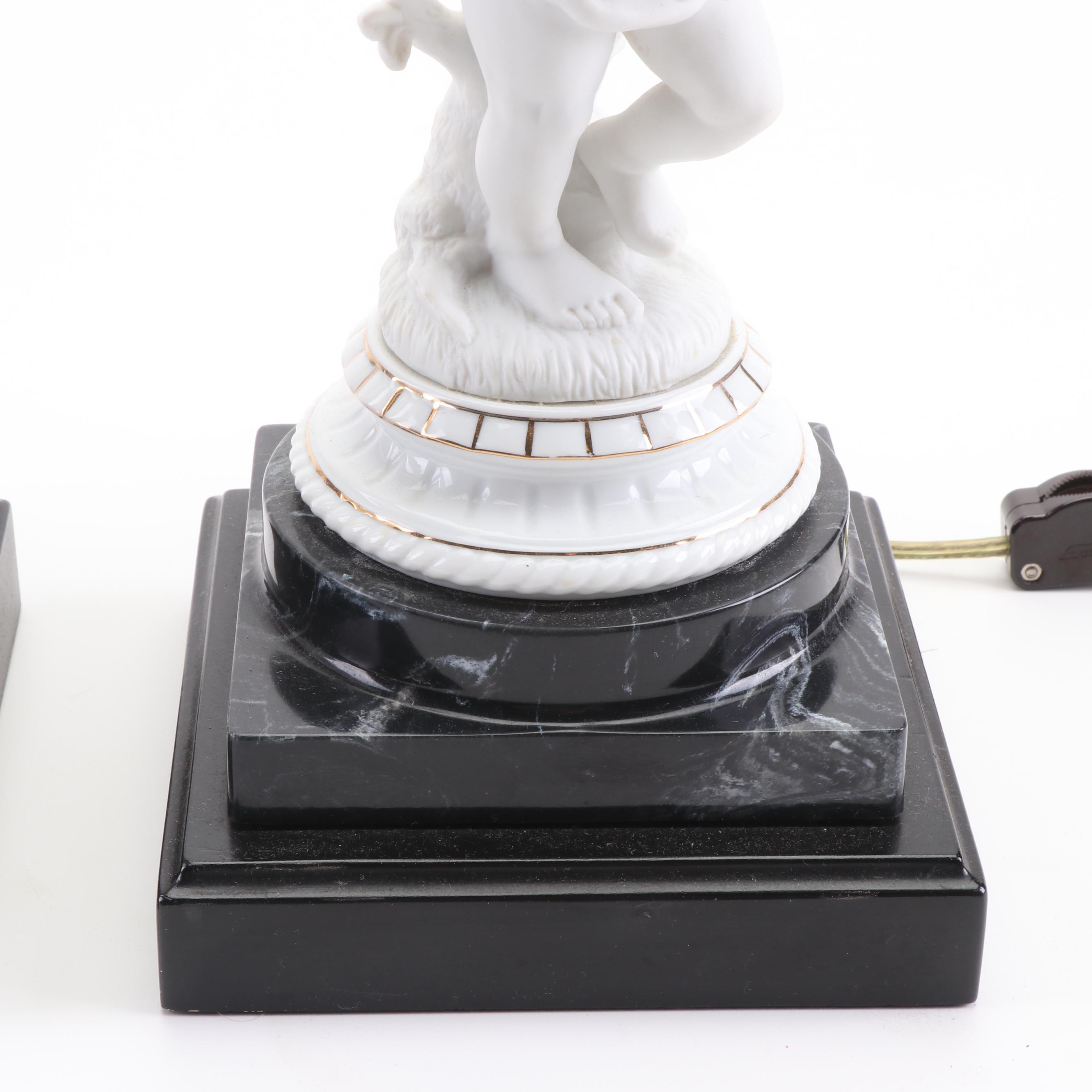 Cherubic Figural Ceramic Table Lamps on Faux Marble Pedestal Bases