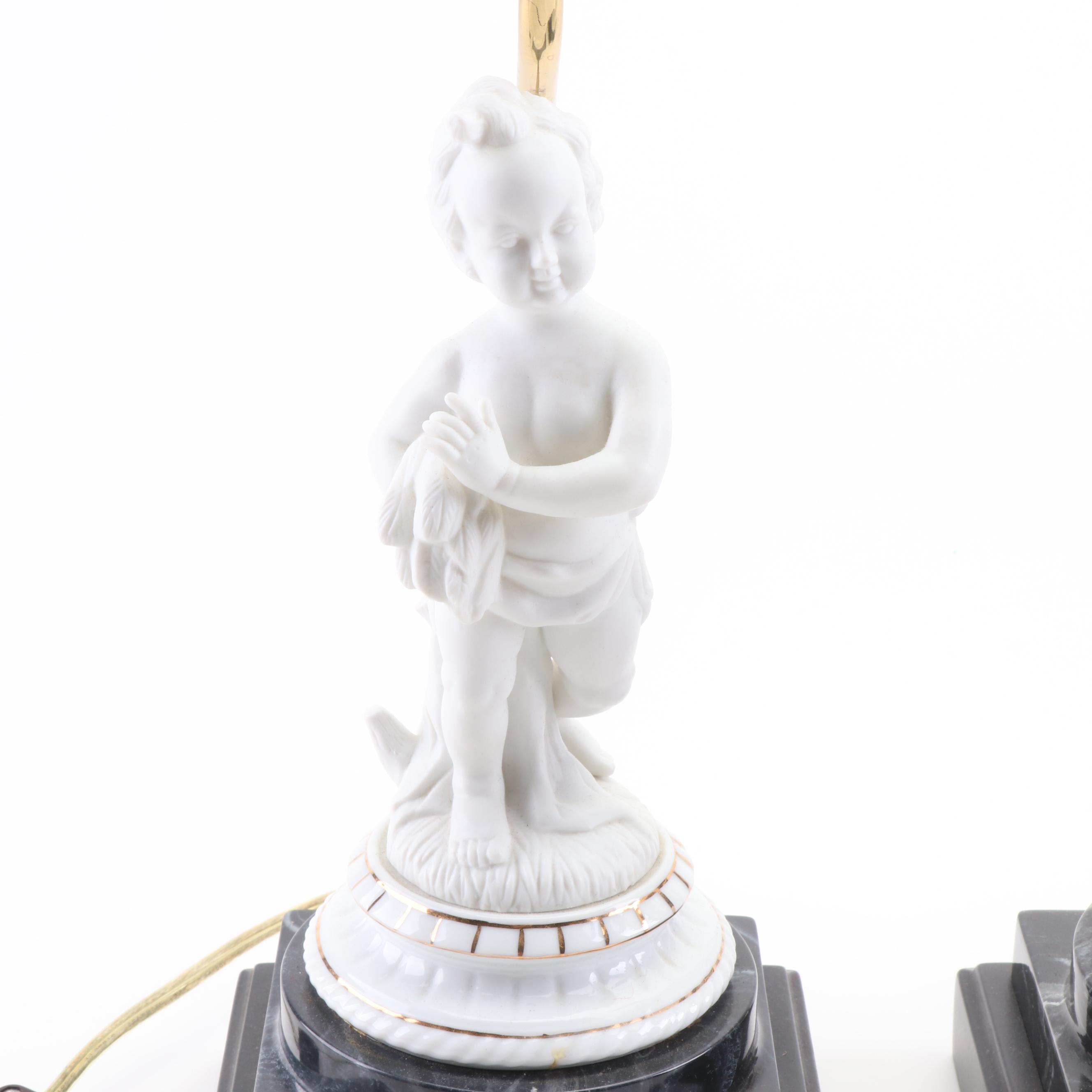 Cherubic Figural Ceramic Table Lamps on Faux Marble Pedestal Bases