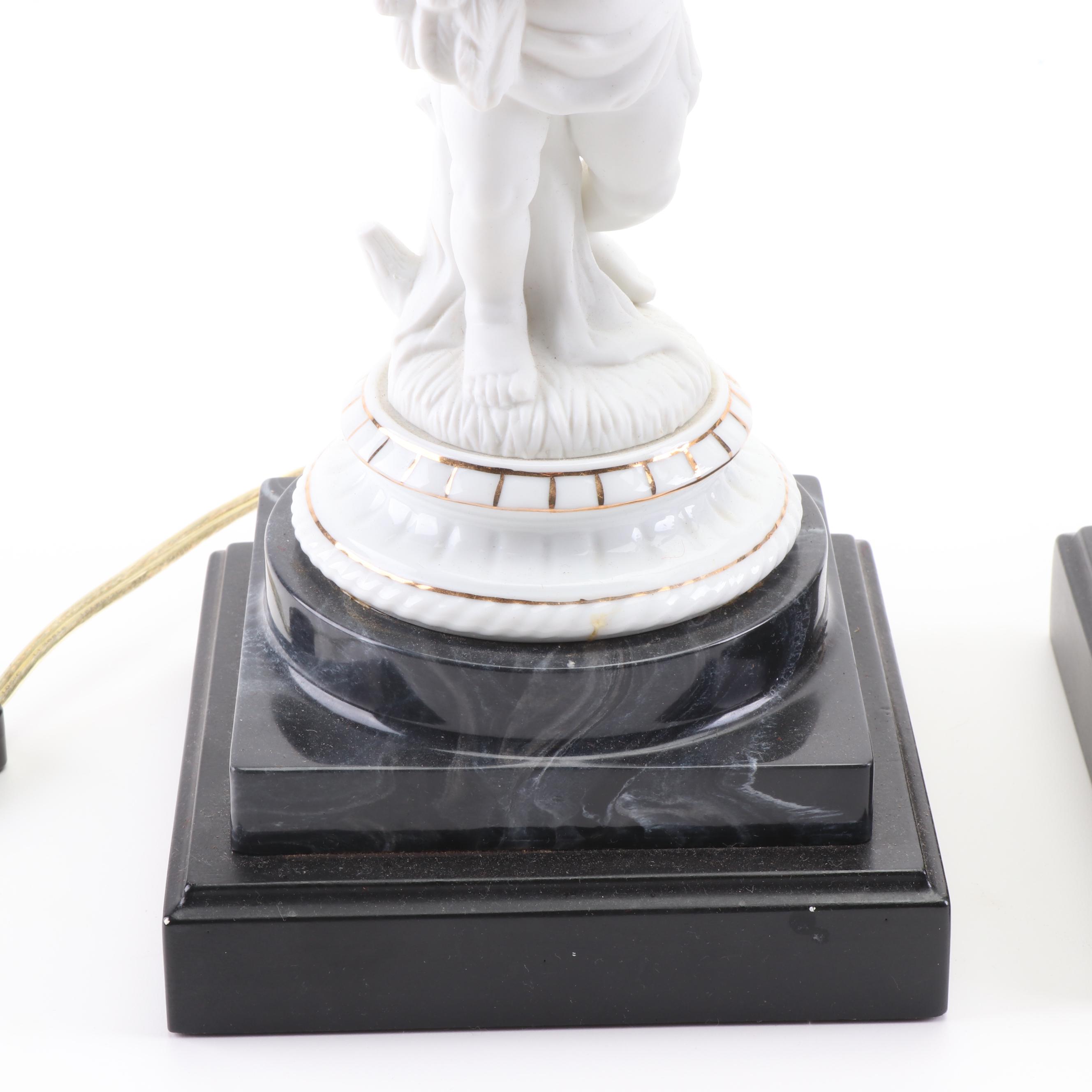 Cherubic Figural Ceramic Table Lamps on Faux Marble Pedestal Bases