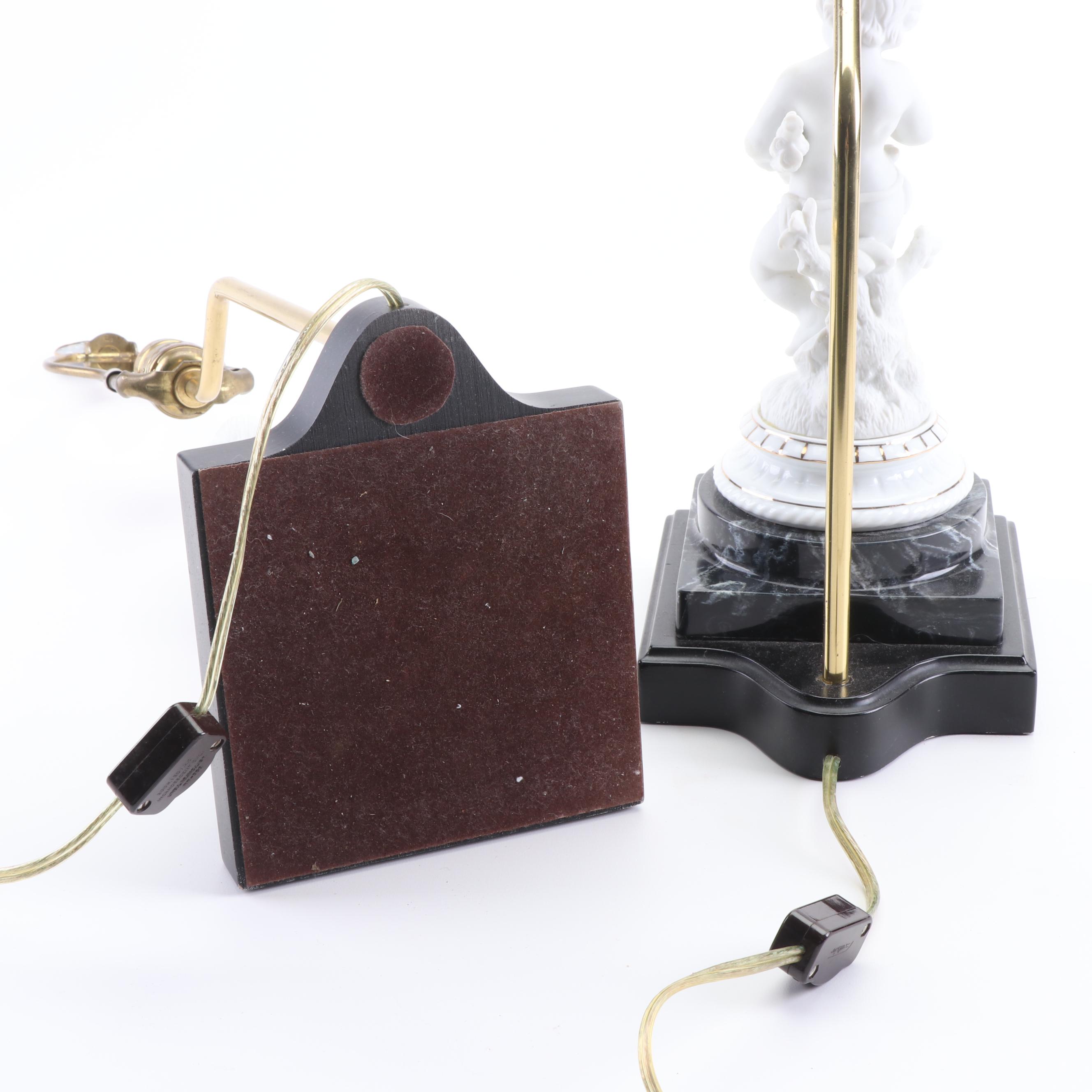 Cherubic Figural Ceramic Table Lamps on Faux Marble Pedestal Bases