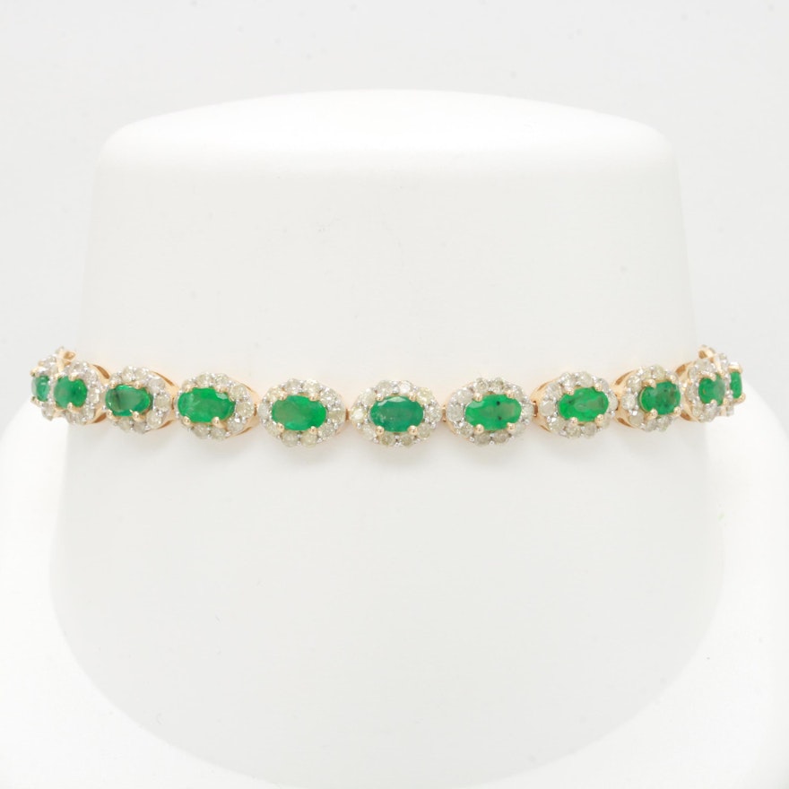 14K Yellow Gold Emerald and 3.55 CTW Diamond Bracelet