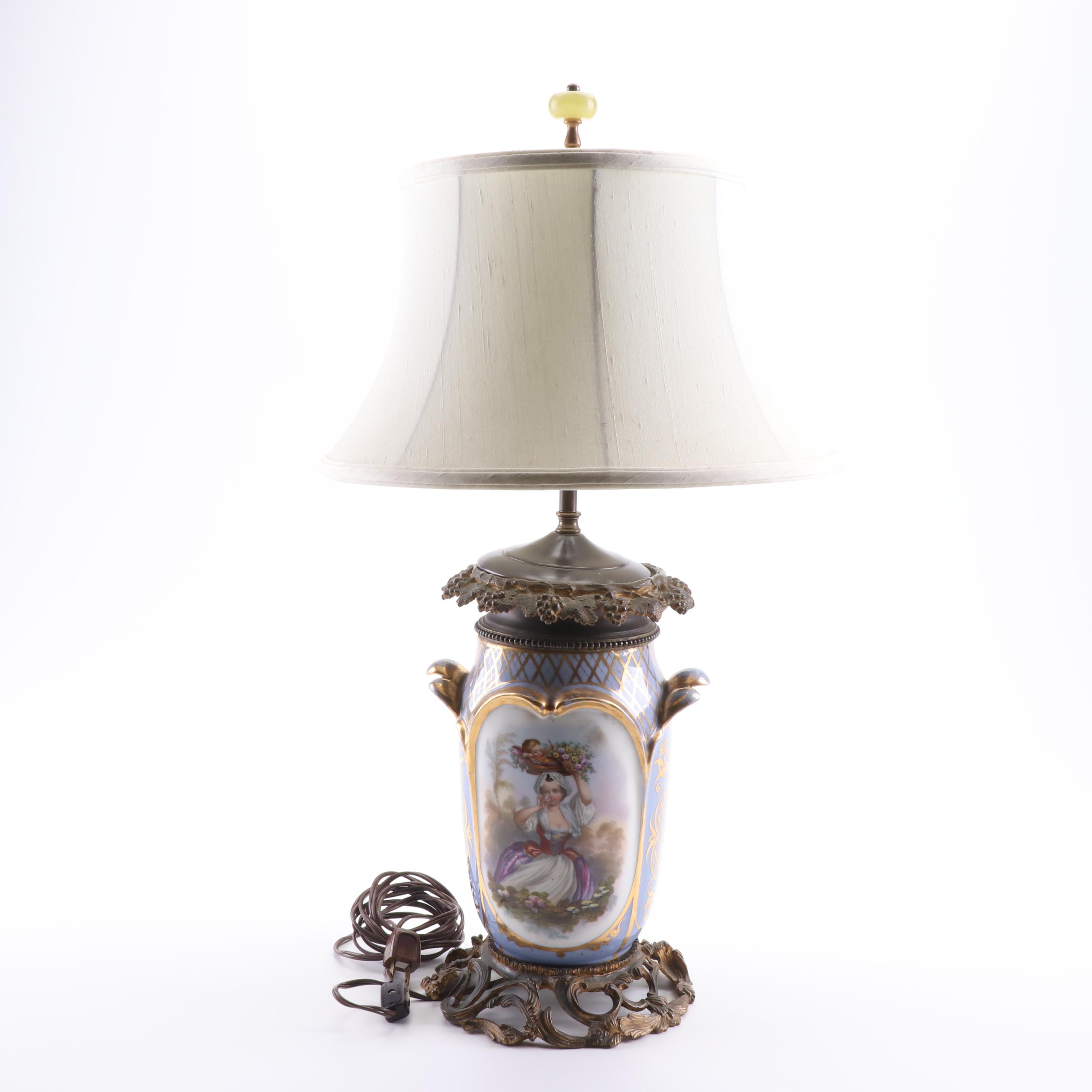 Converted Hand-Painted Porcelain Vase Dual Light Table Lamp with Gilt Decoration