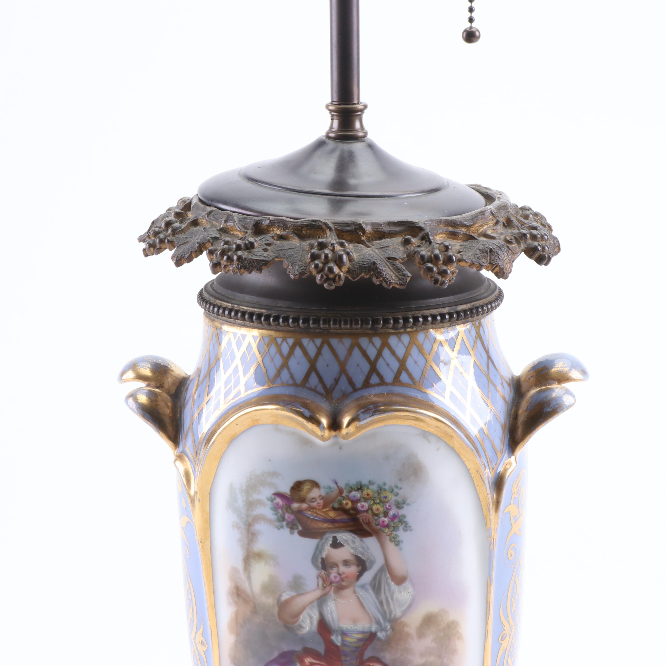 Converted Hand-Painted Porcelain Vase Dual Light Table Lamp with Gilt Decoration