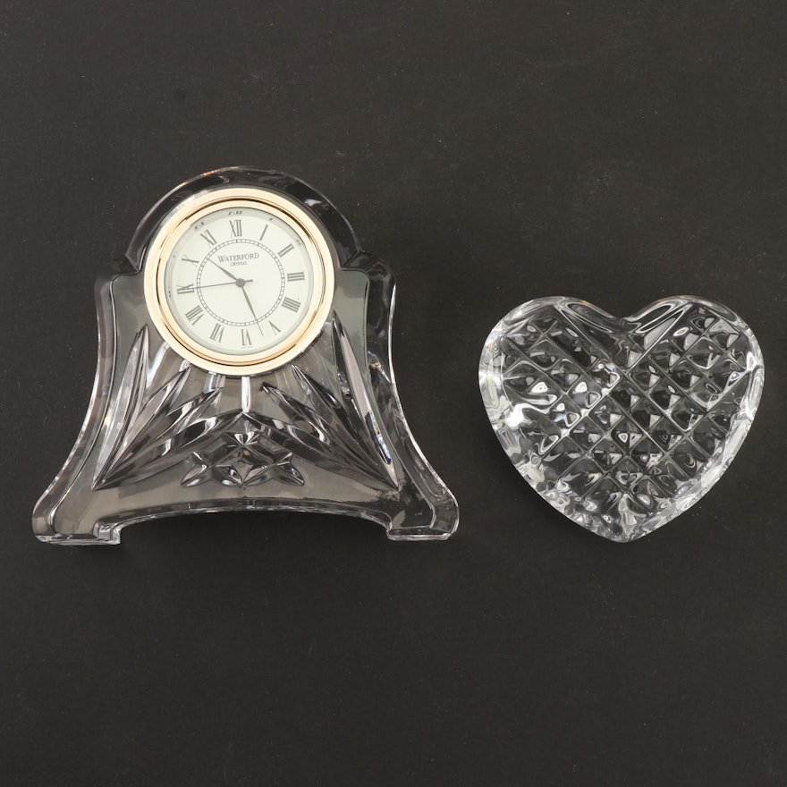 Waterford Crystal Desk Clock with Heart Shaped Paperweight