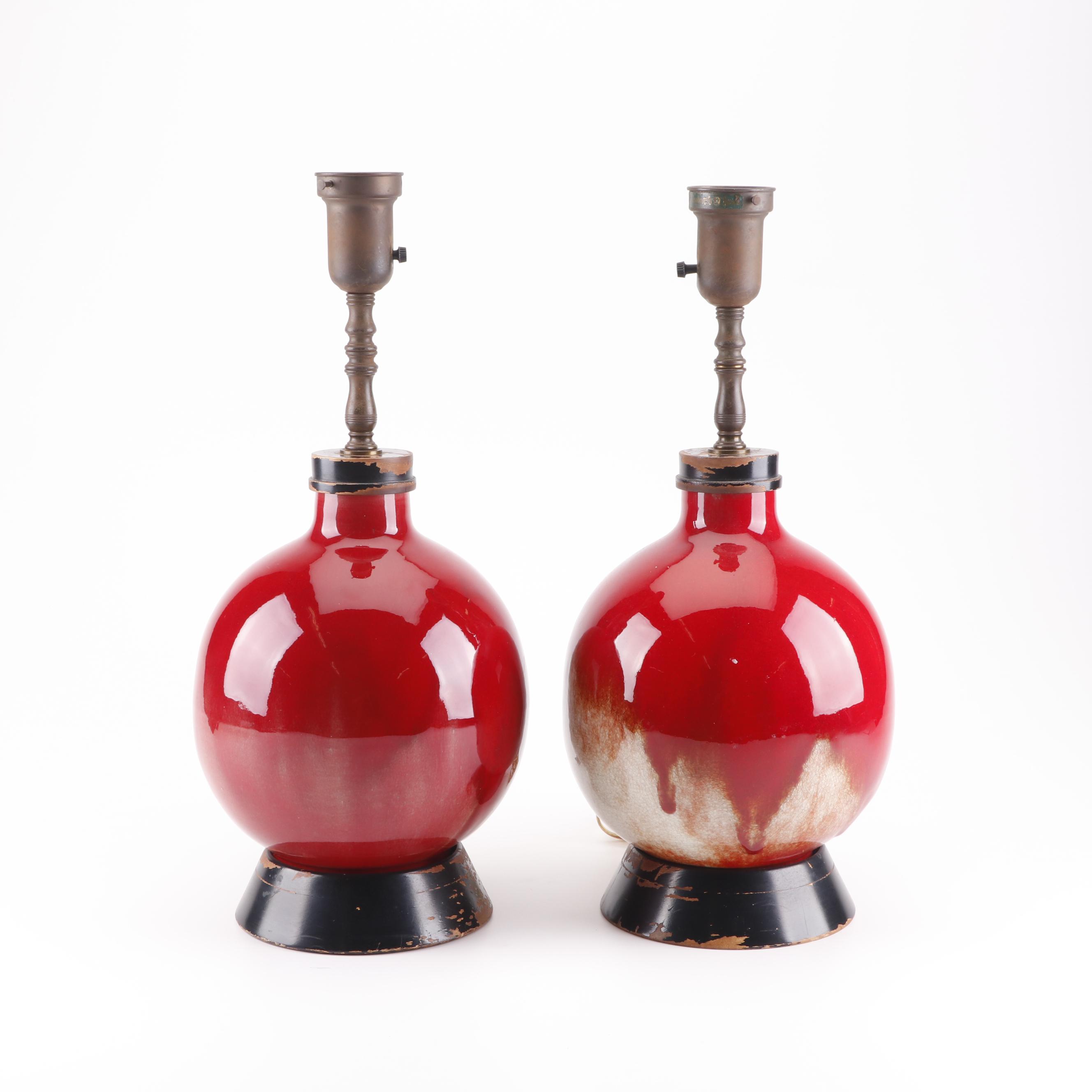 Rembrandt Lamps Red Drip Glaze Earthenware Table Lamps, Mid-Century