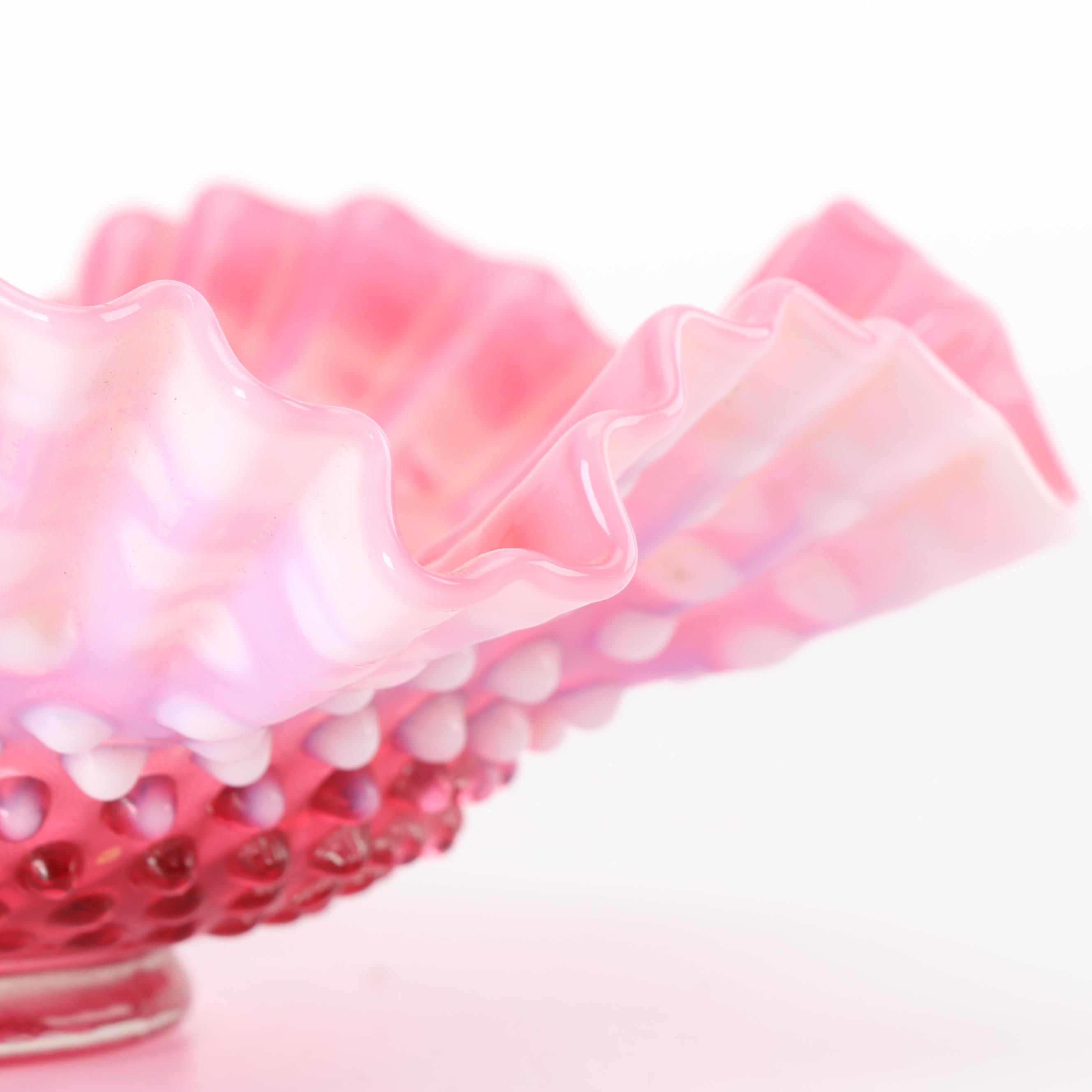 Fenton "Hobnail Cranberry" Crimped Opalescent Glass Bowl