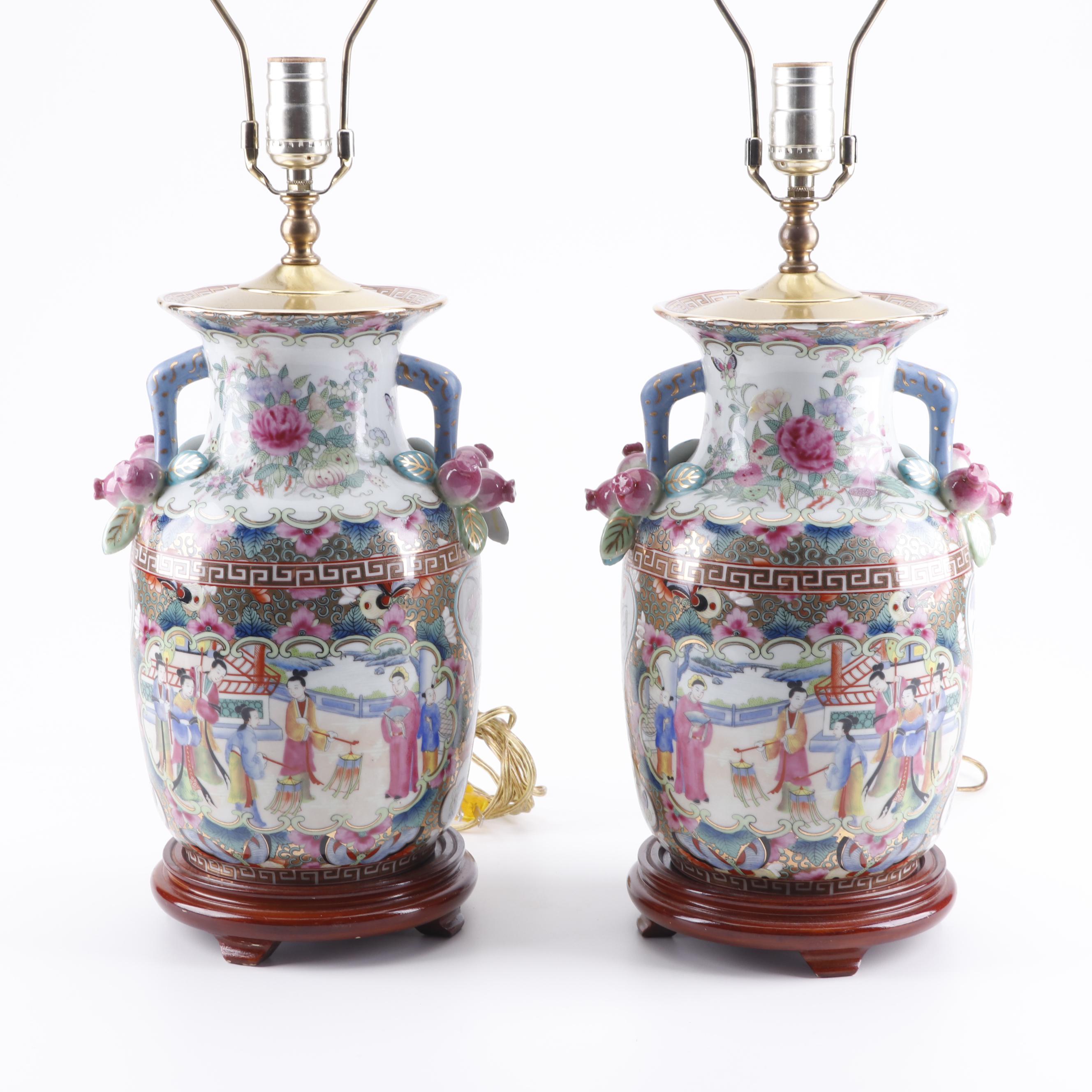 Chinese Hand-Painted Porcelain Vase Table Lamps with Brass Finials