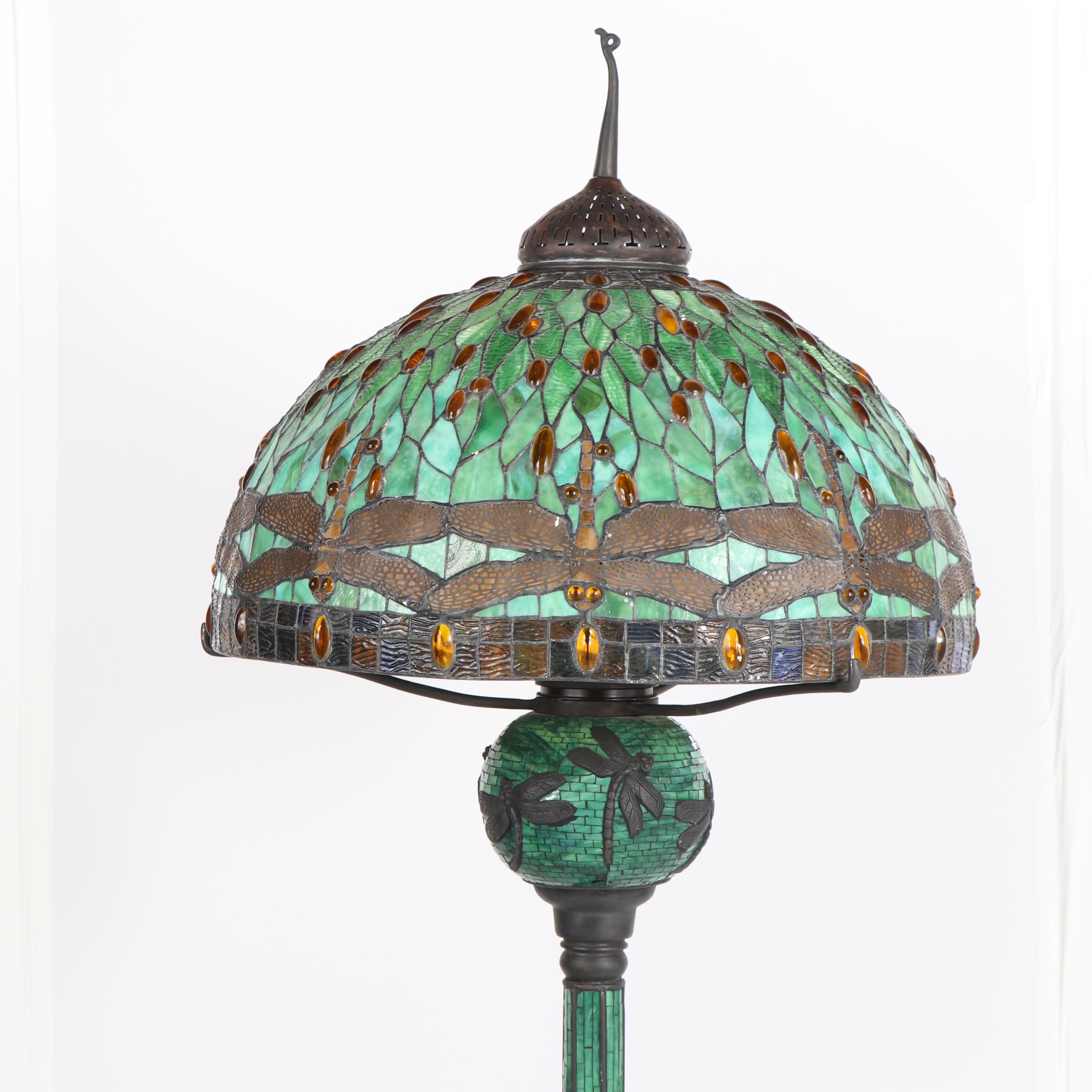 JSW Studios Leaded Glass, Mosaic and Patinated Metal Dragonfly Floor Lamp
