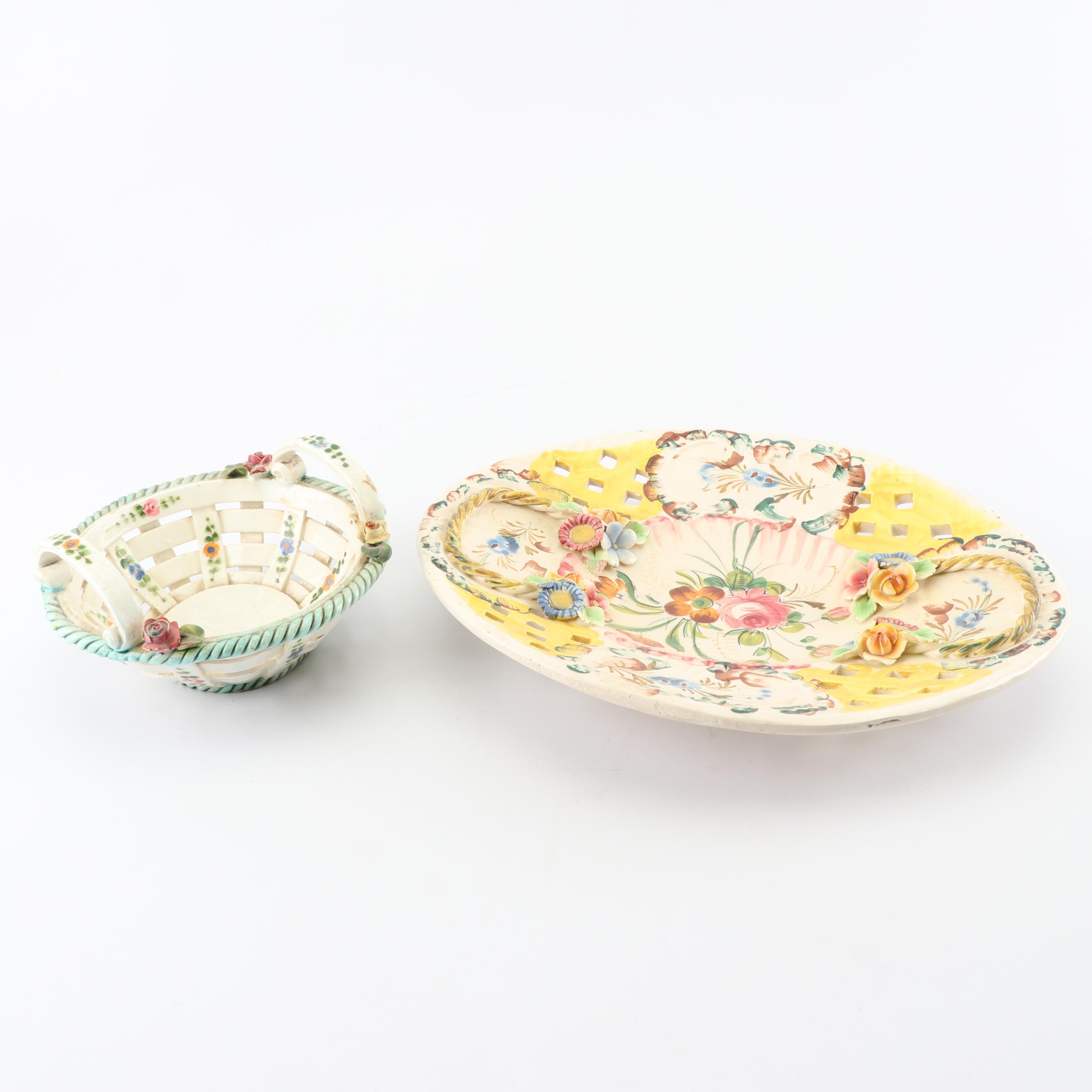 Vintage Italian Hand-Painted Ceramic Basket and Decorative Platter
