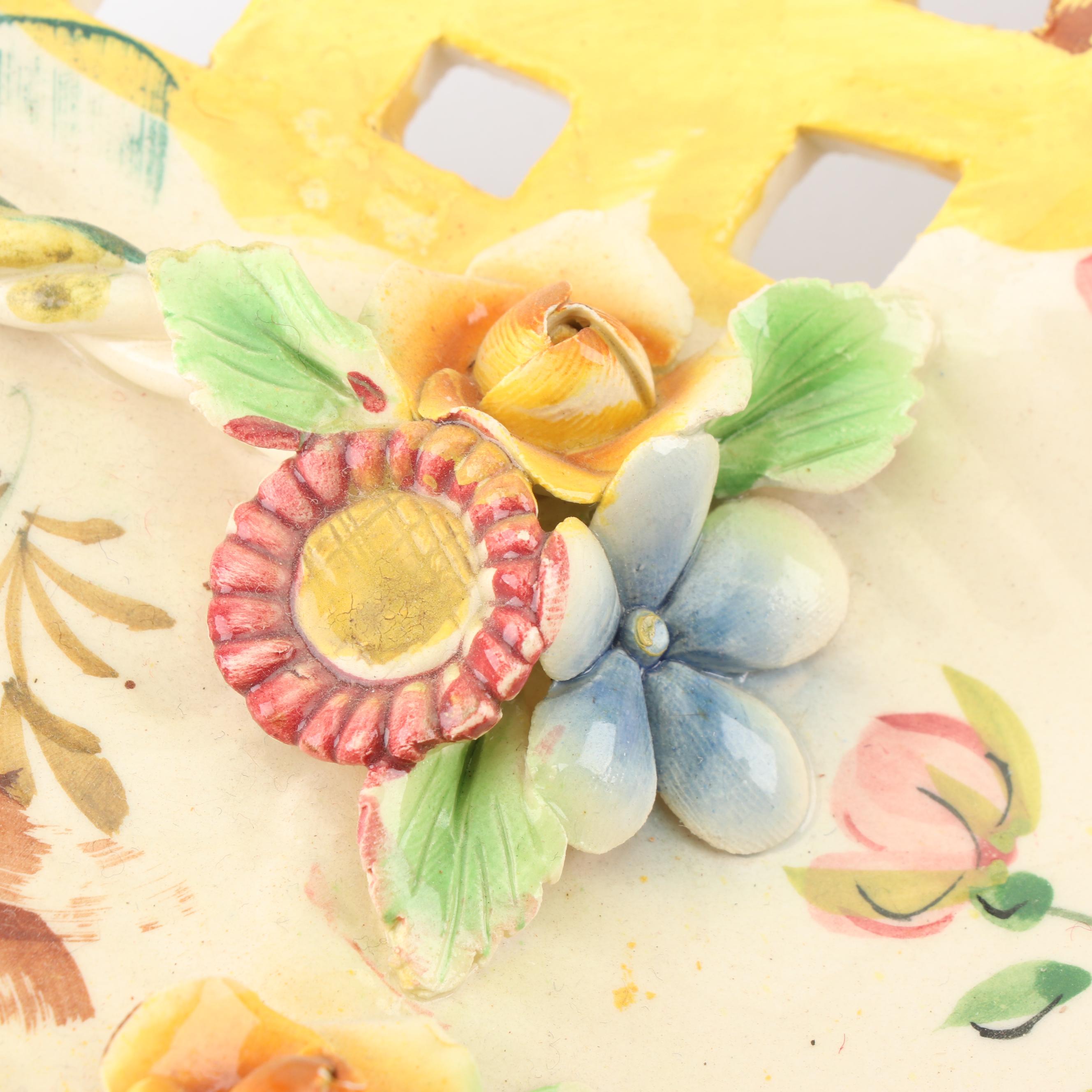 Vintage Italian Hand-Painted Ceramic Basket and Decorative Platter