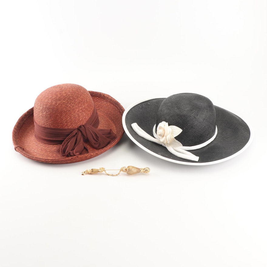 Saks Fifth Avenue Woven Breton and Wide Brimmed Hats with Gold Tone Stick Pin
