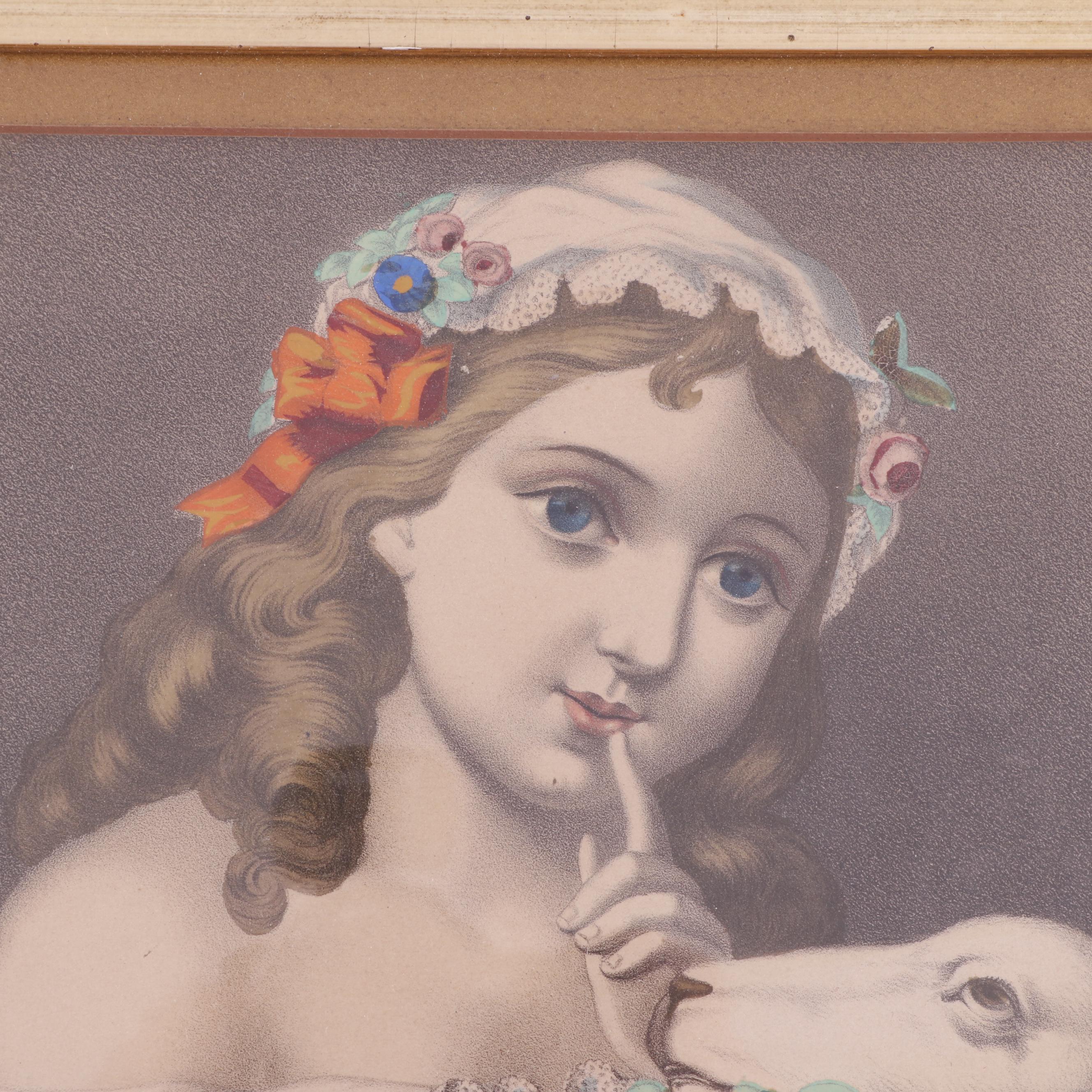 Hand-Colored Lithograph of Girl with Lamb