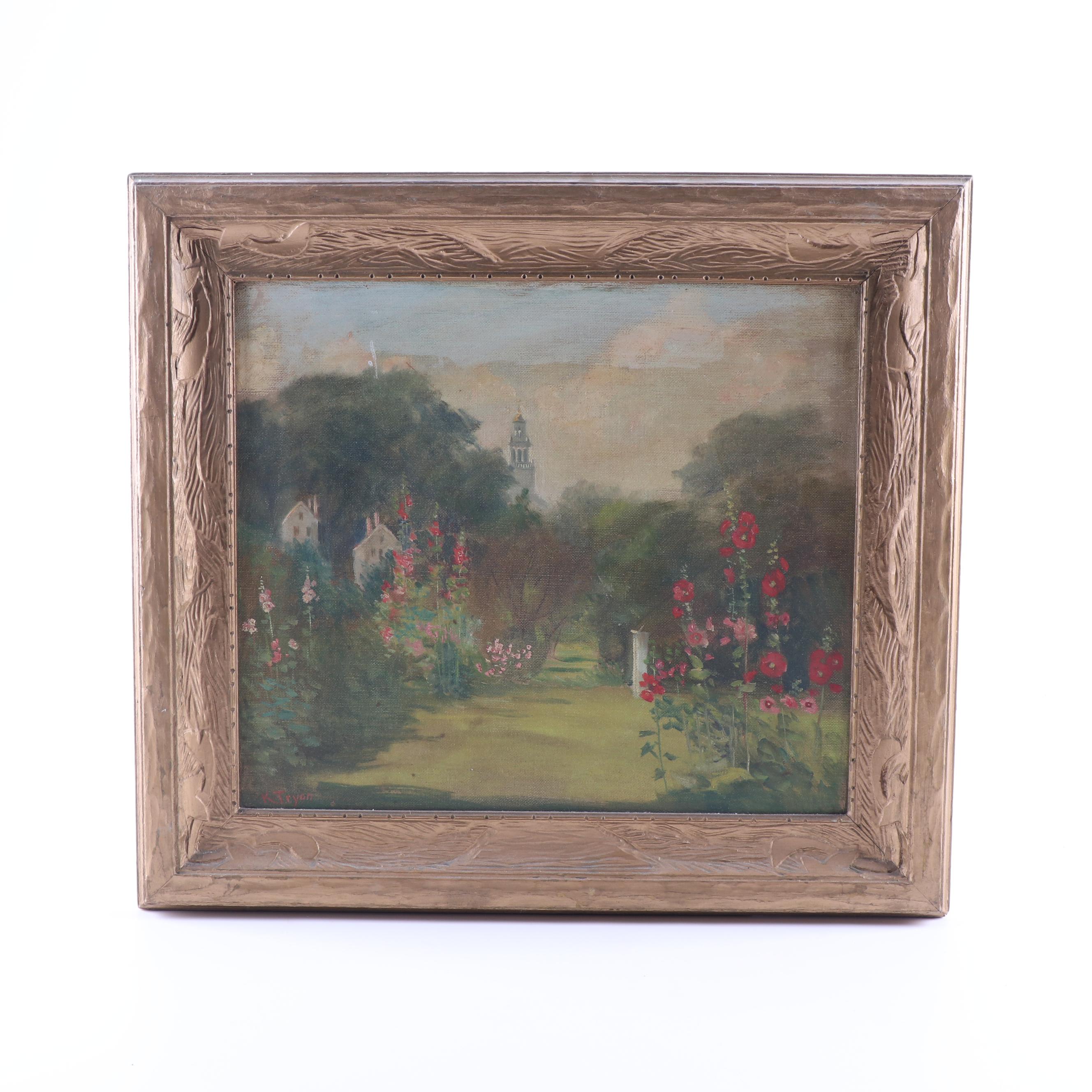 Kate Tryon Oil Painting "Hollyhocks at Marblehead"