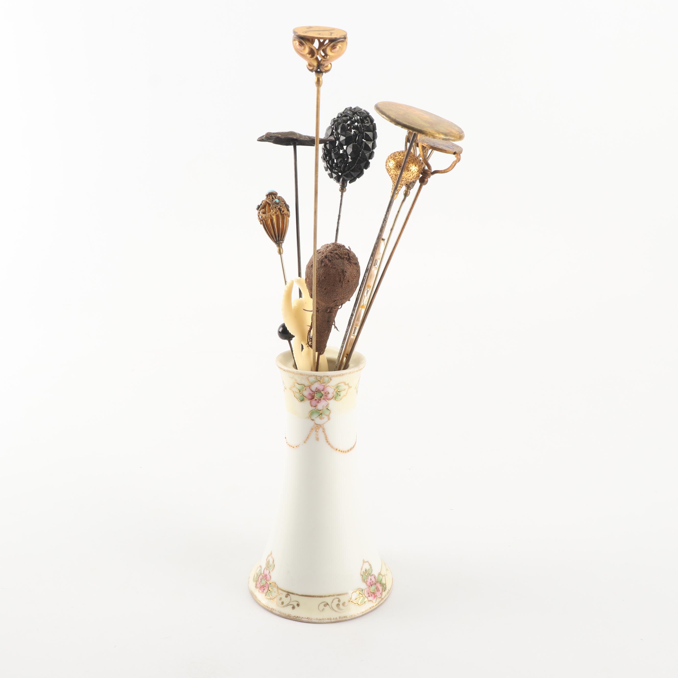 Victorian Hat Pins with Morimura Bros. and C. Hutschenreuther Hat Pin Holders