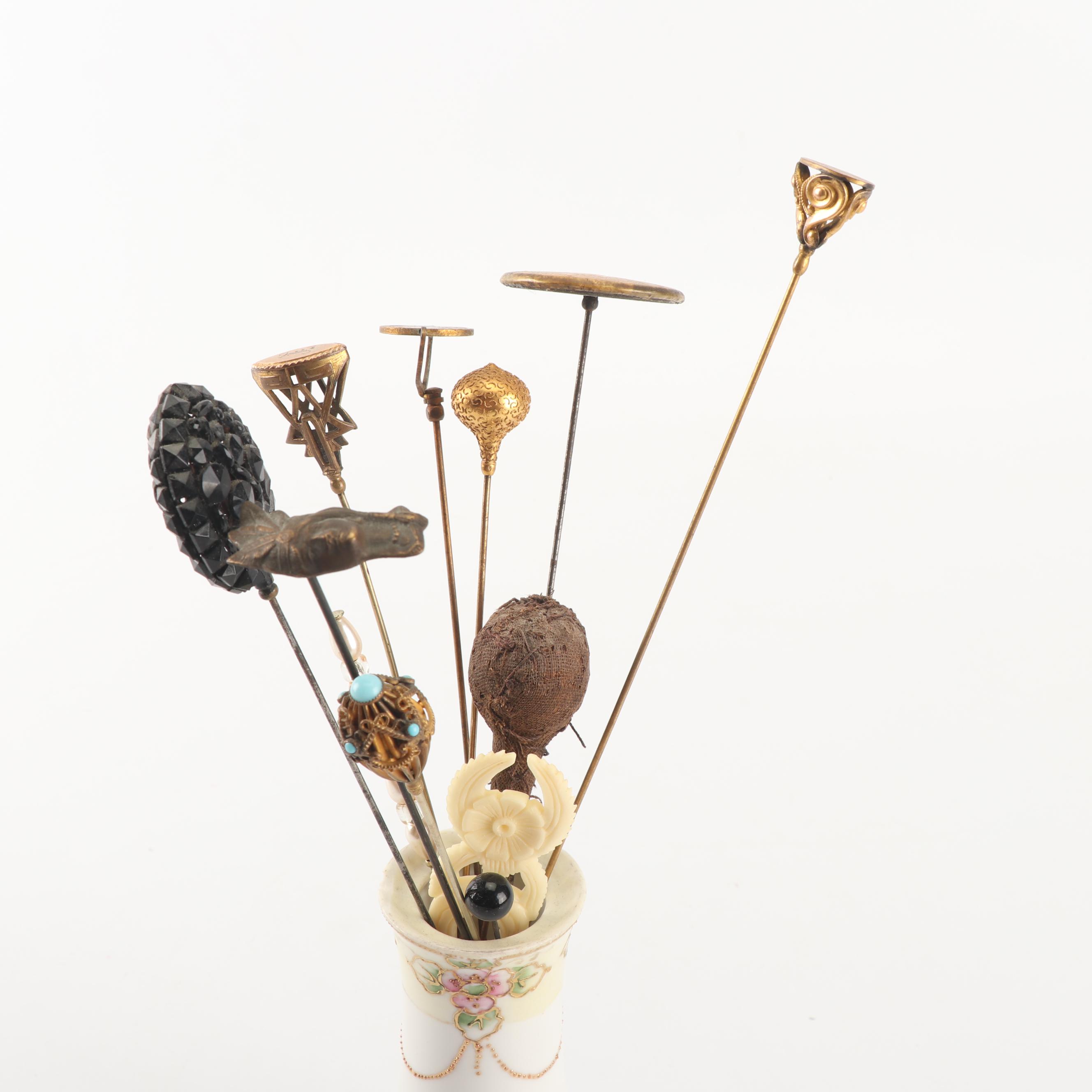 Victorian Hat Pins with Morimura Bros. and C. Hutschenreuther Hat Pin Holders
