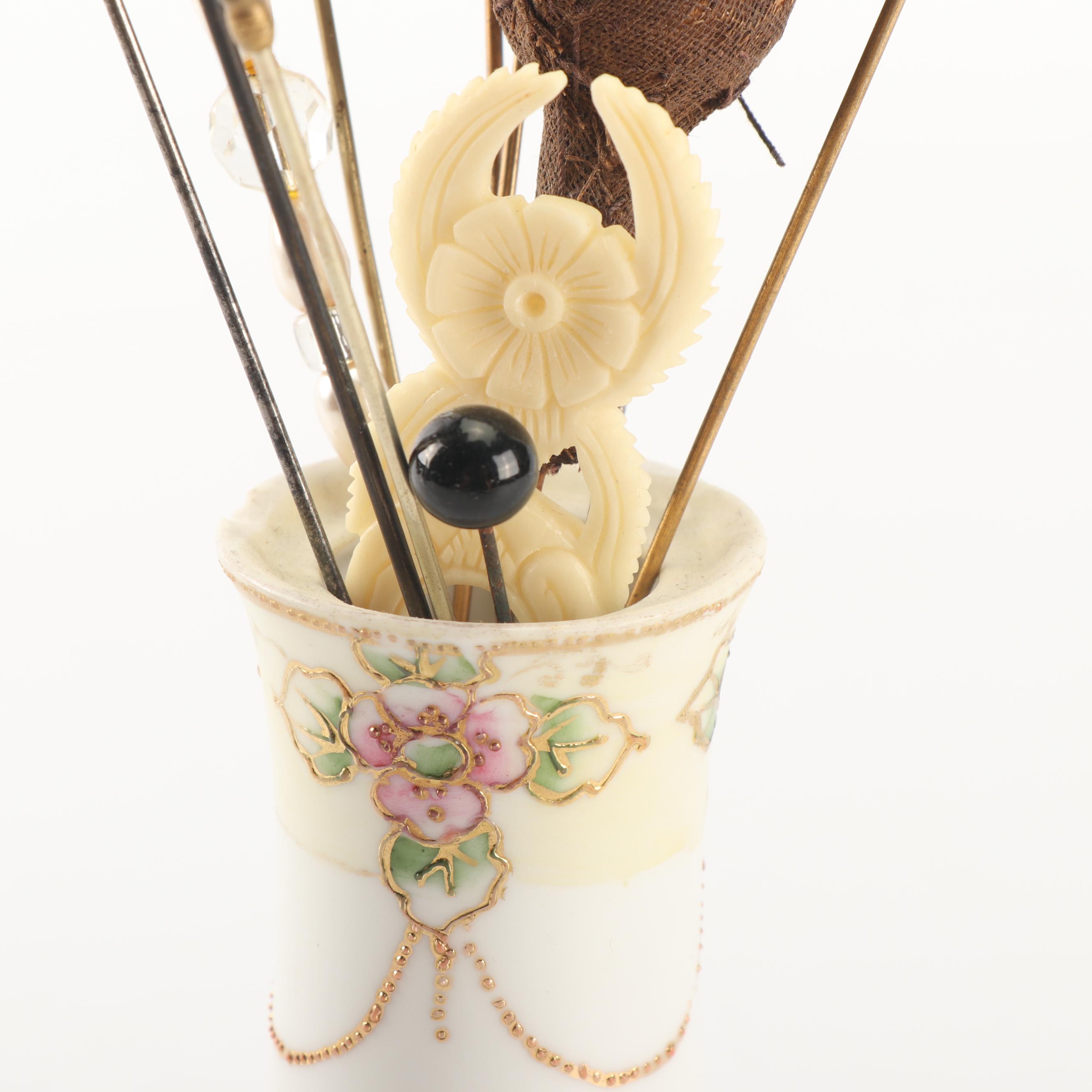 Victorian Hat Pins with Morimura Bros. and C. Hutschenreuther Hat Pin Holders