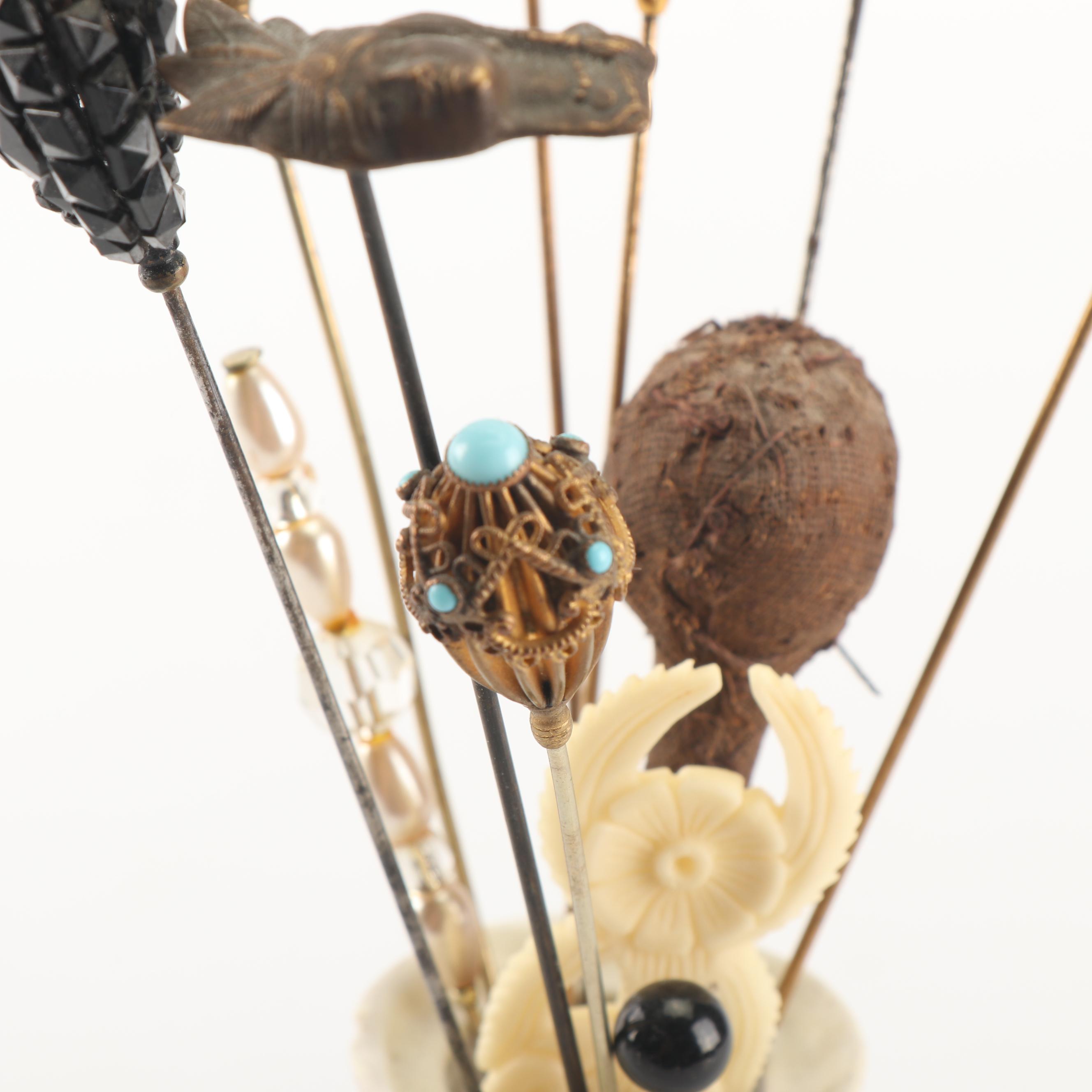 Victorian Hat Pins with Morimura Bros. and C. Hutschenreuther Hat Pin Holders