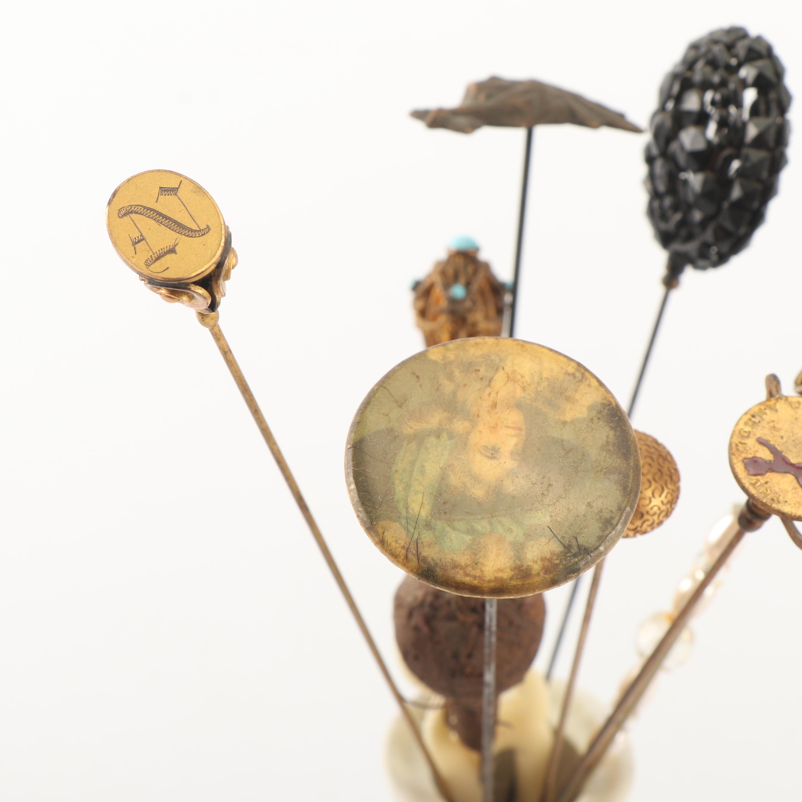 Victorian Hat Pins with Morimura Bros. and C. Hutschenreuther Hat Pin Holders