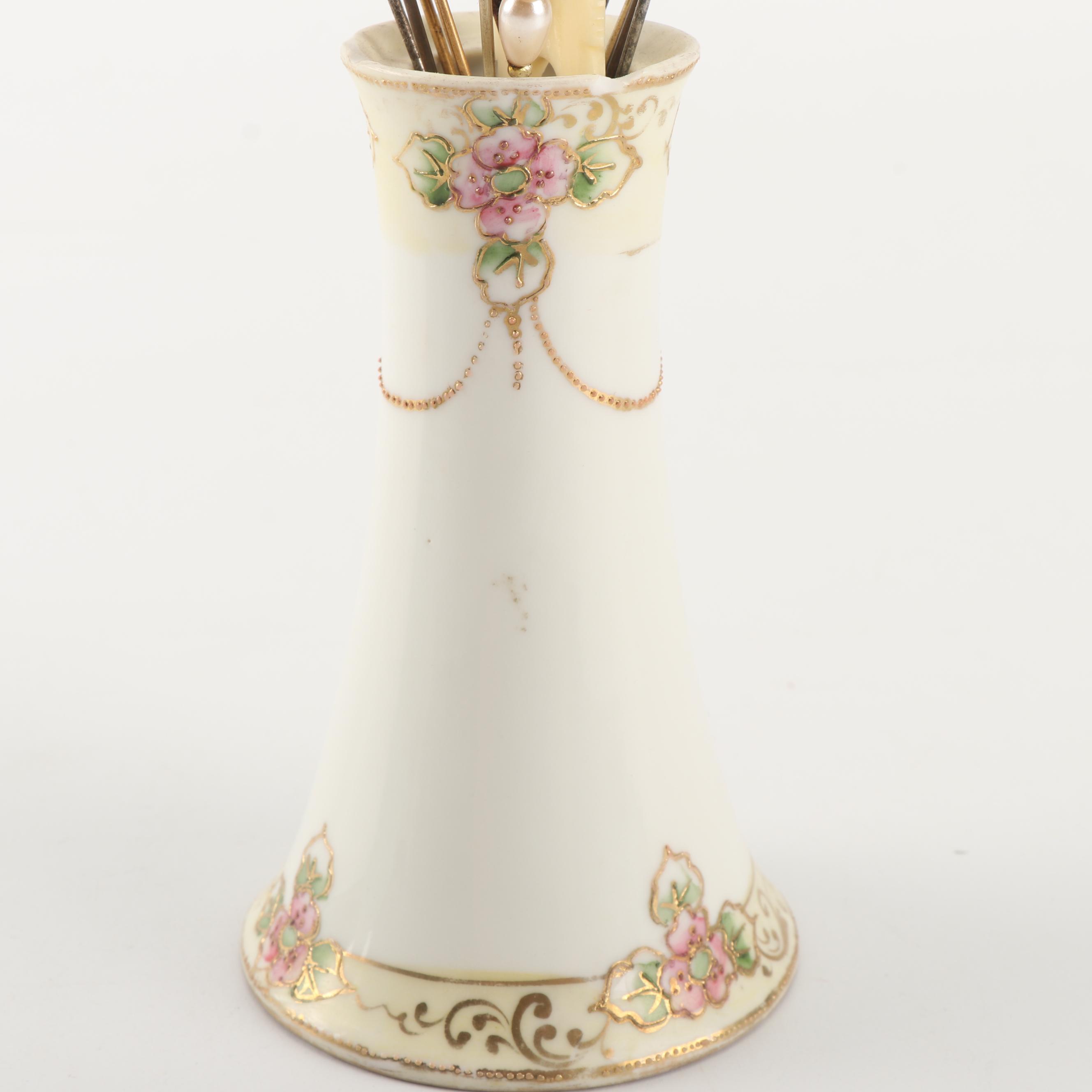 Victorian Hat Pins with Morimura Bros. and C. Hutschenreuther Hat Pin Holders