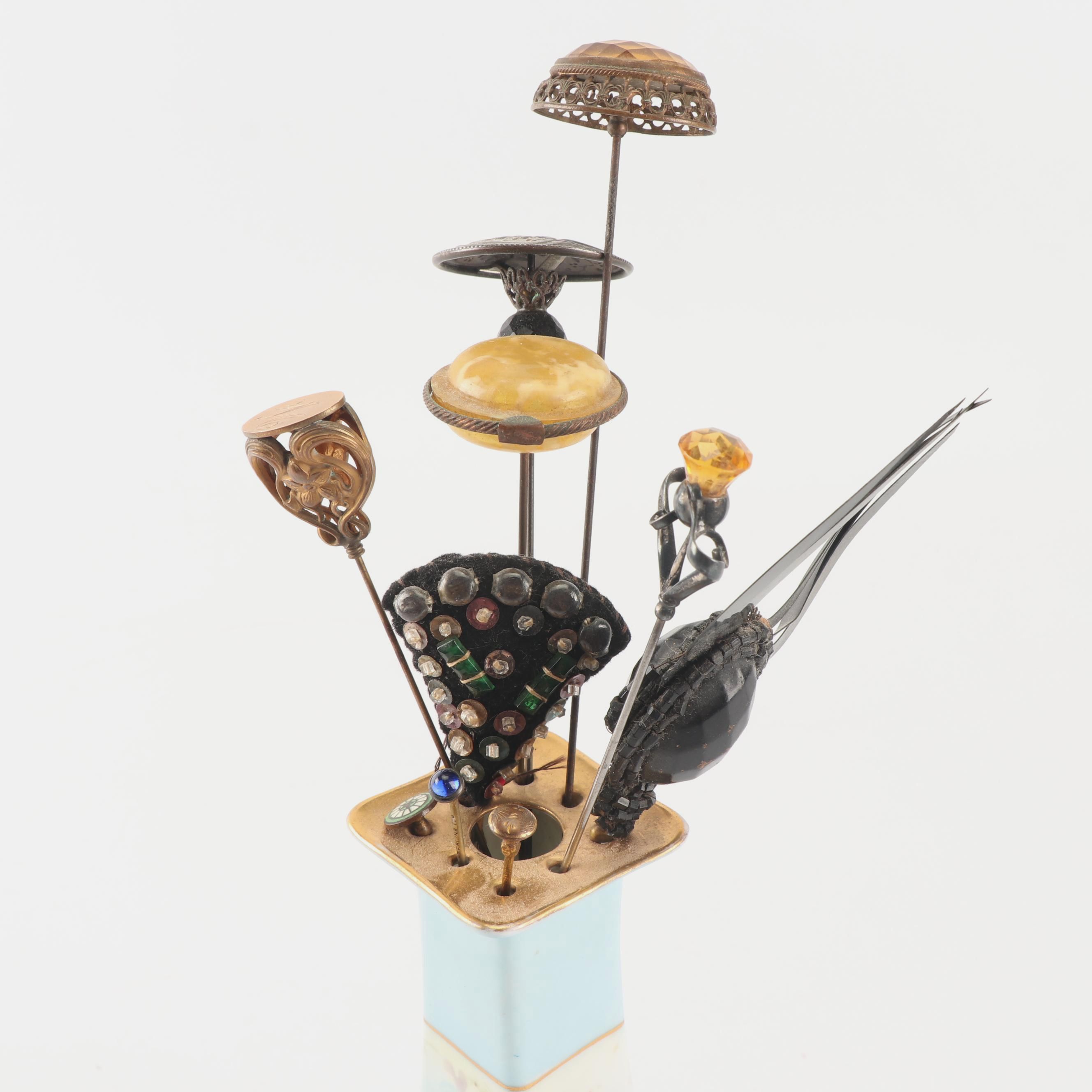 Victorian Hat Pins with Morimura Bros. and C. Hutschenreuther Hat Pin Holders