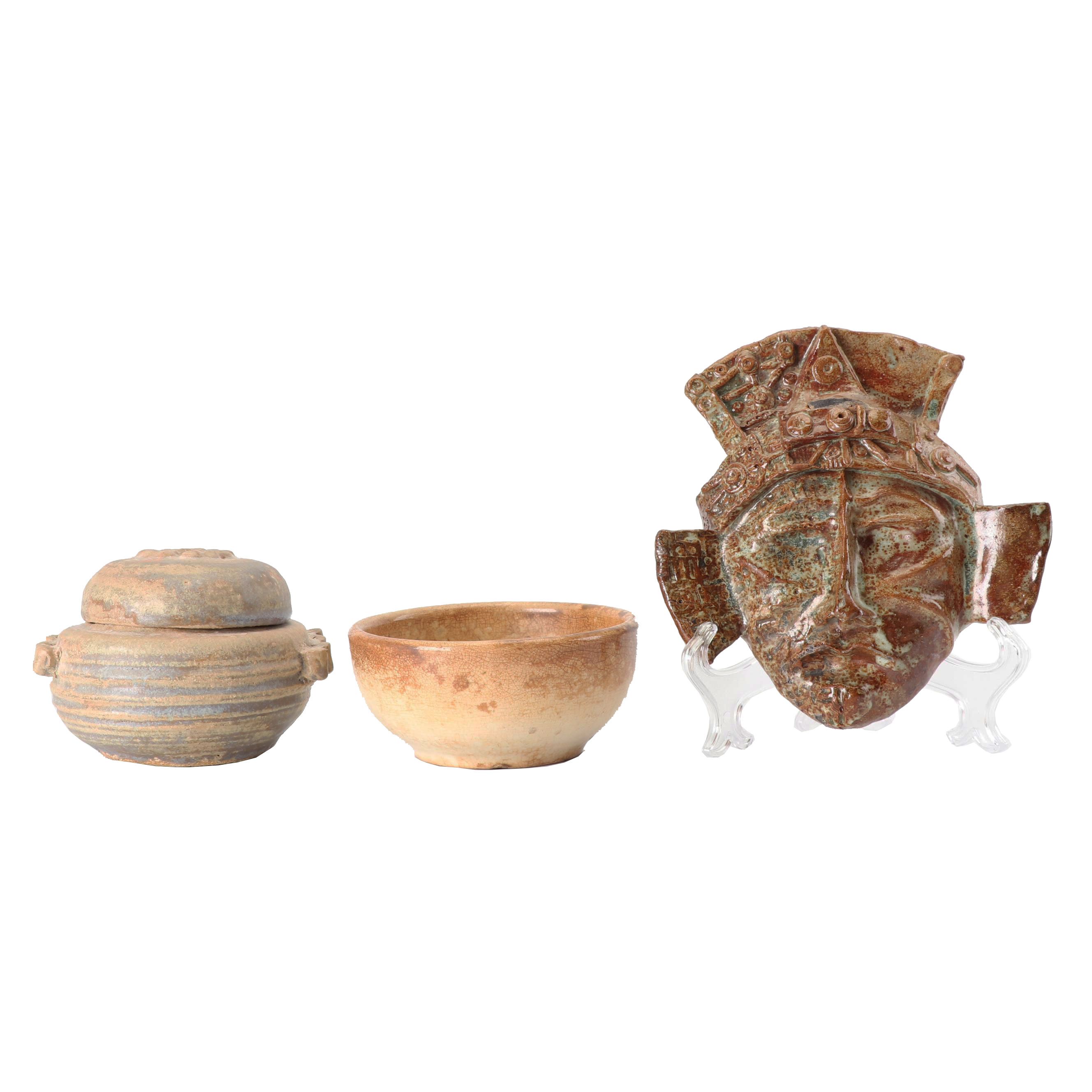 Handbuilt Stoneware Mask with Wheel Thrown Covered Jar and Bowl