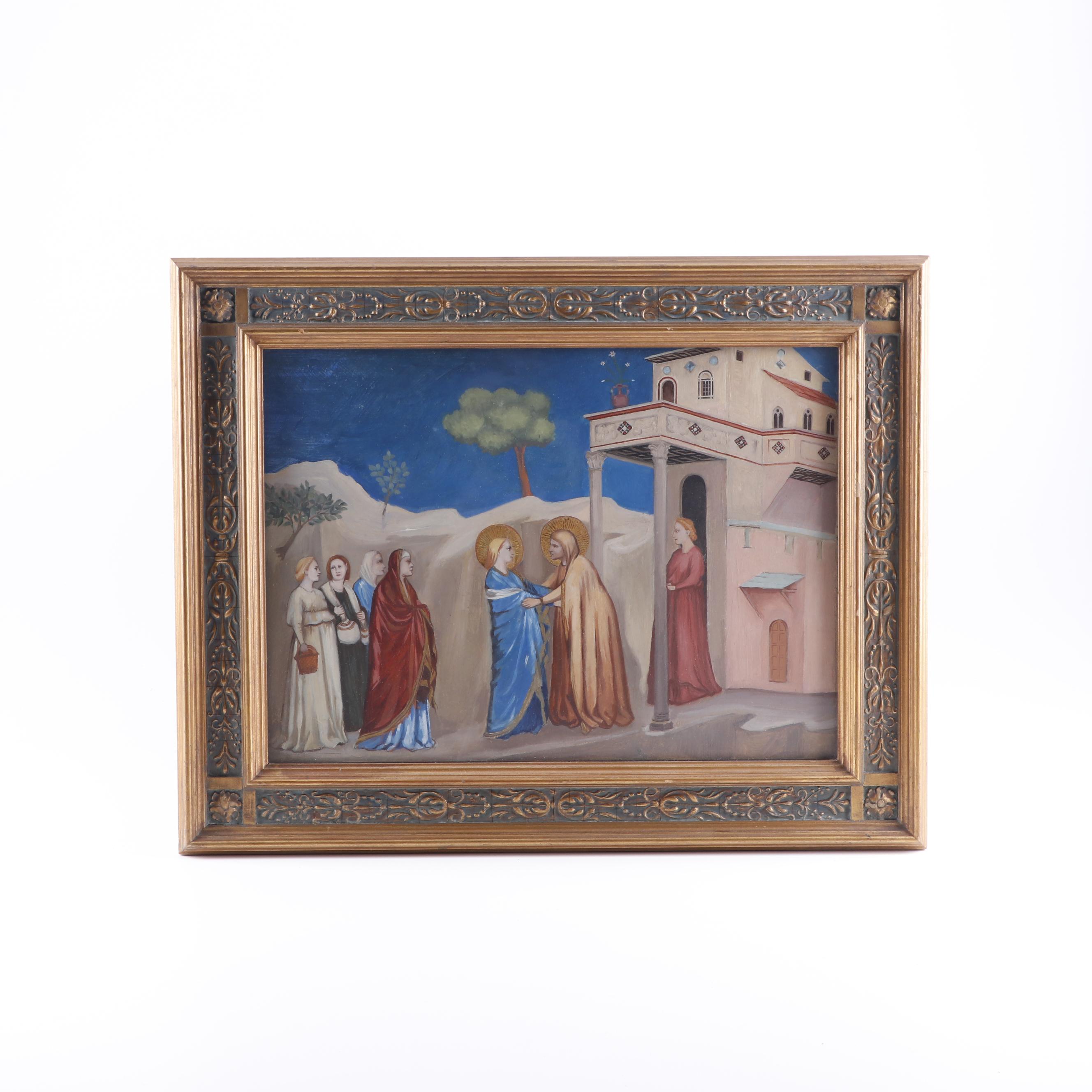 Gouache Painting of the Visitation of Mary to Elizabeth