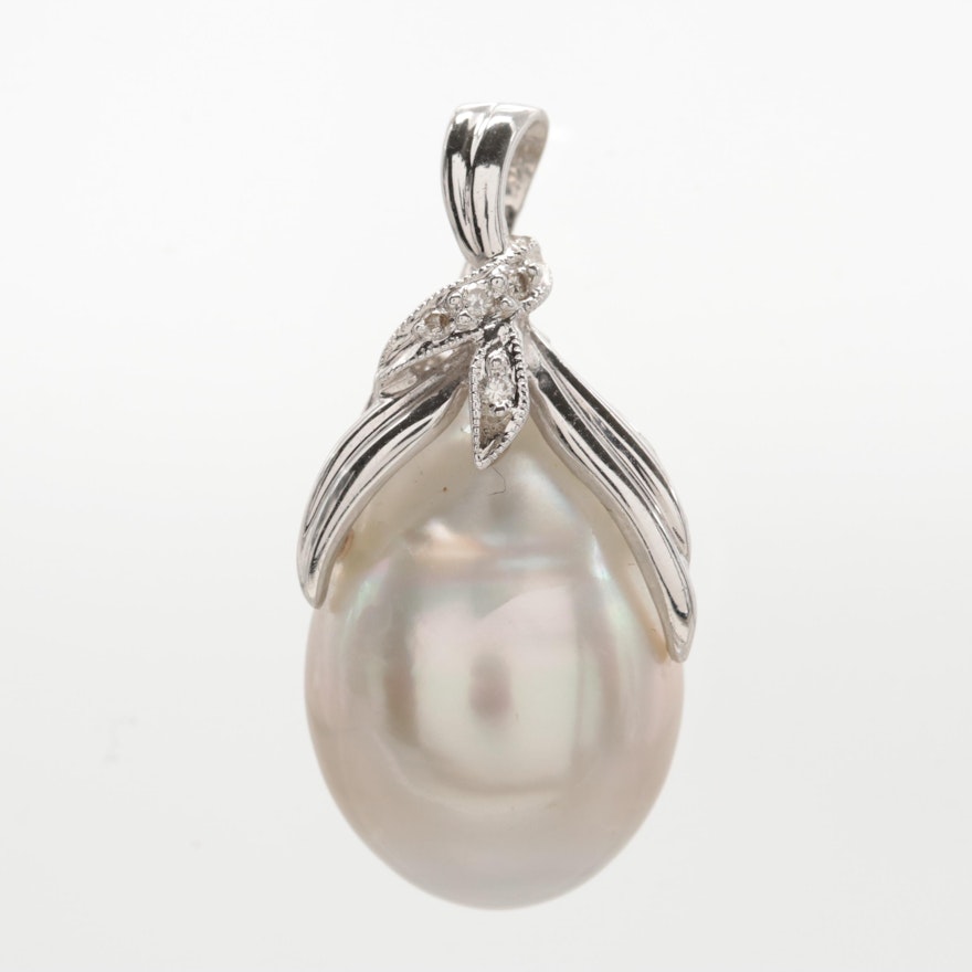 18K White Gold Cultured Pearl and Diamond Pendant
