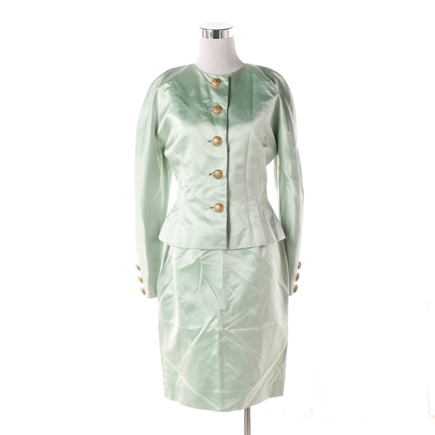 Women's Mid 1970s Vintage Oscar de la Renta Silk Satin Skirt Suit