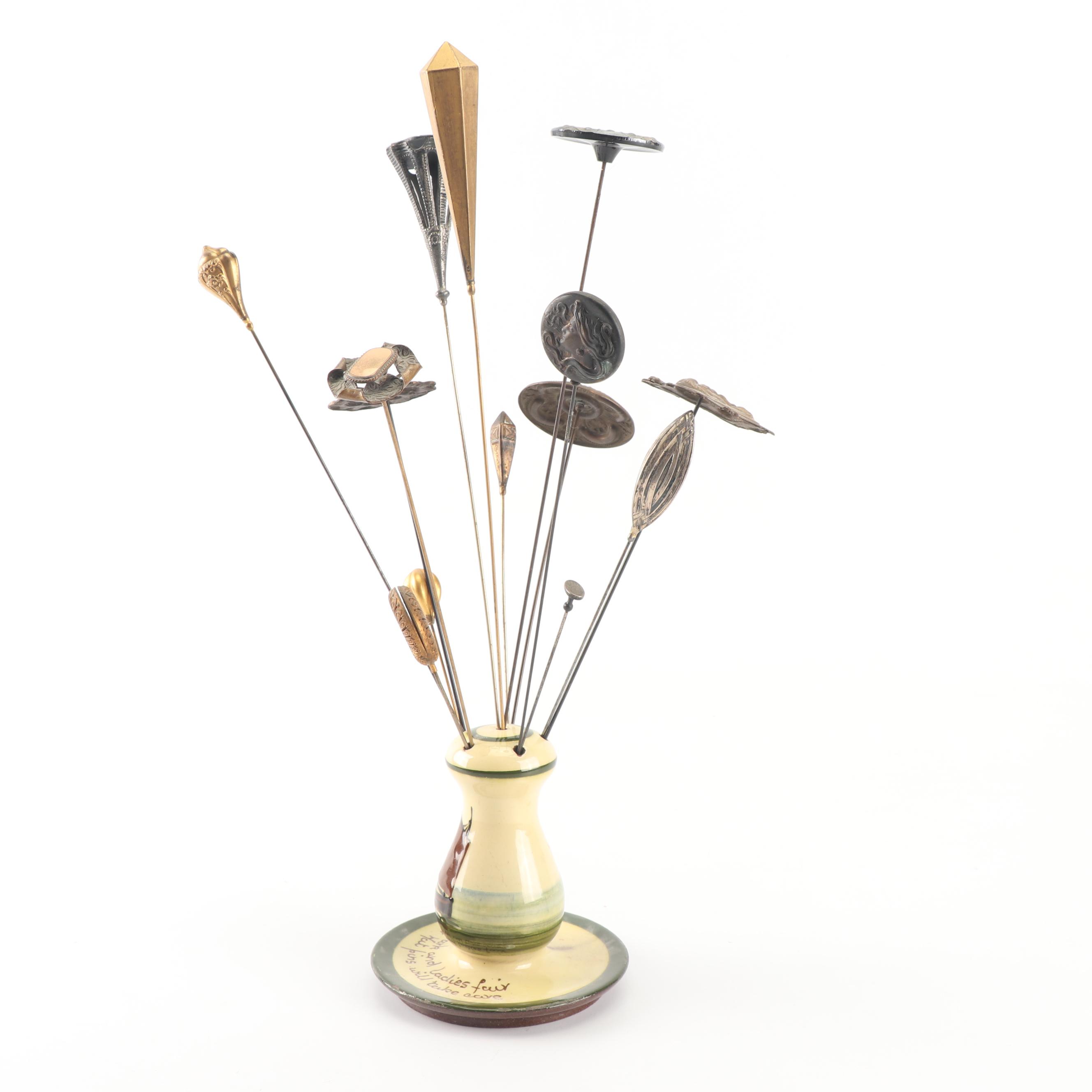 Victorian Hat Pins and Hand-Painted Hat Pin Holder