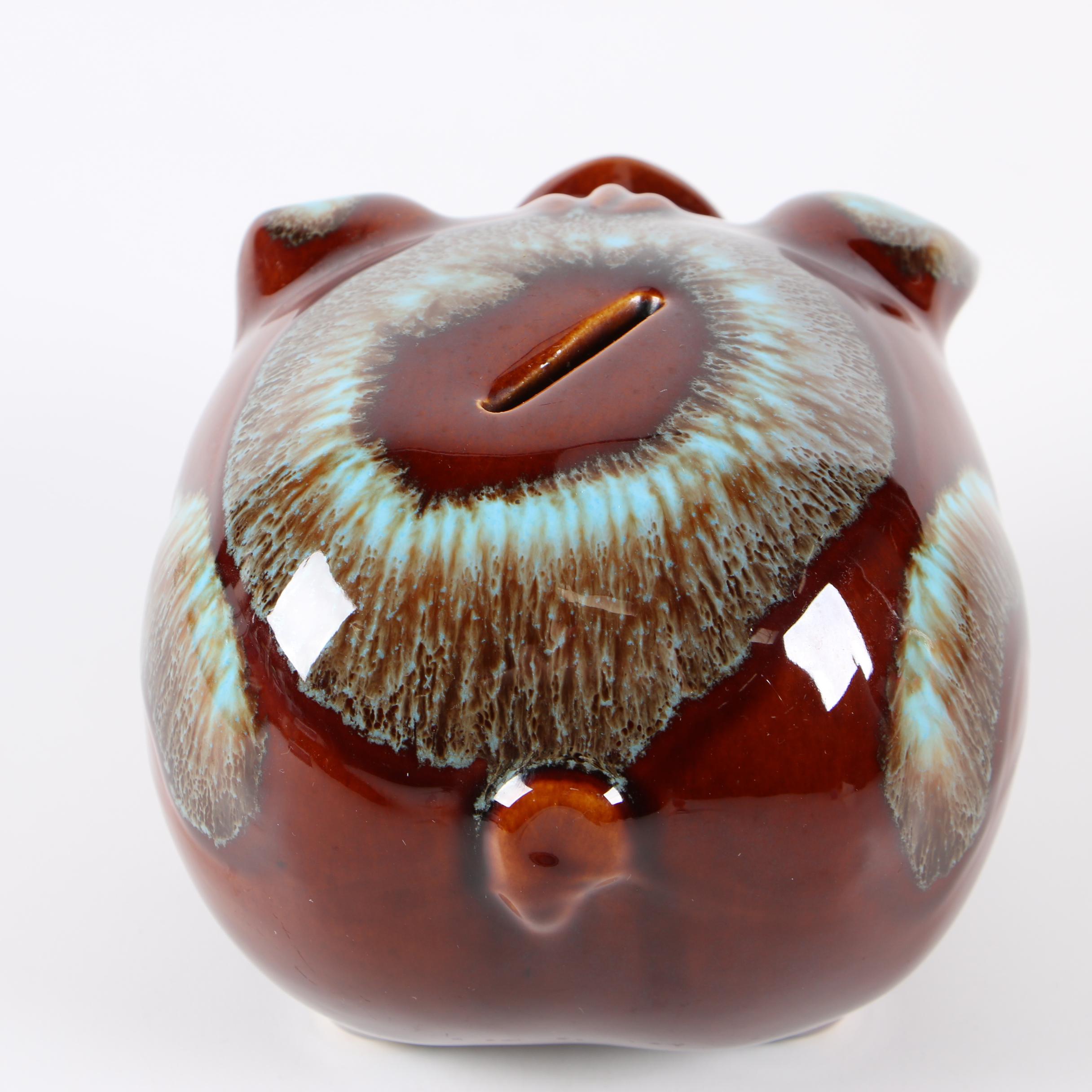 Hull Pottery Drip Glaze "Corky Pig" Coin Bank, 1957