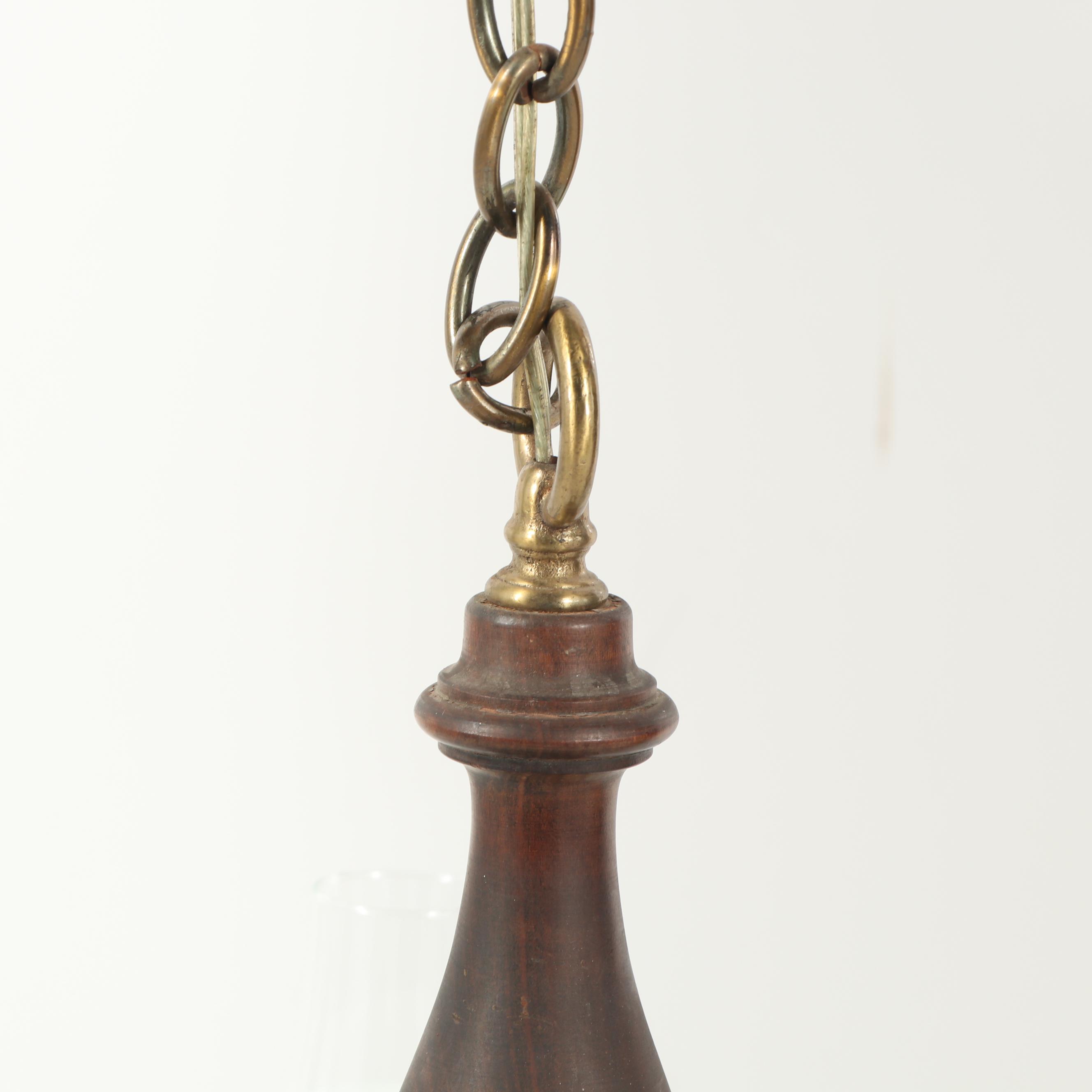 Vintage Brass and Wood Tavern Style Chandelier with Frosted Glass Shades