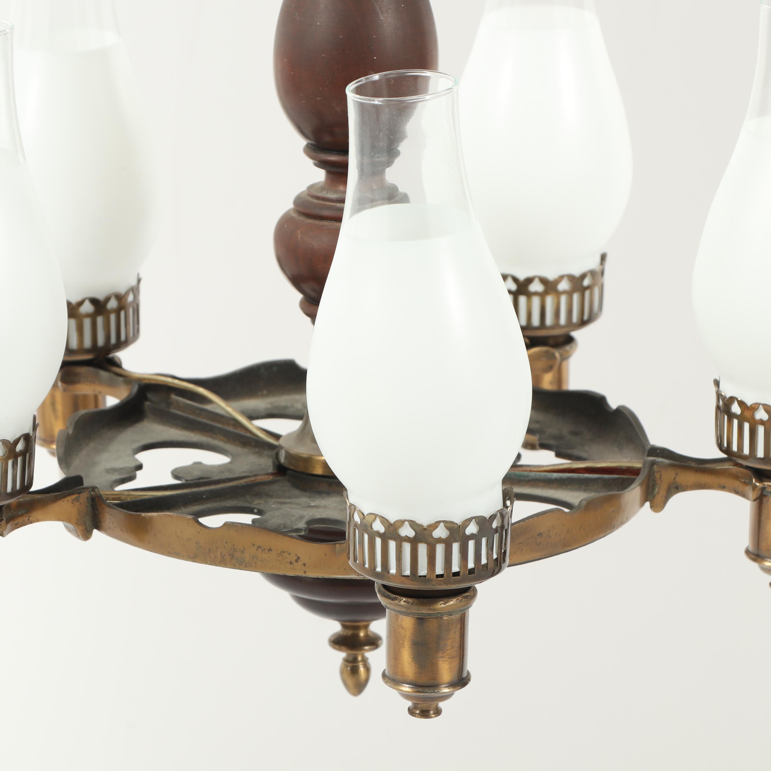 Vintage Brass and Wood Tavern Style Chandelier with Frosted Glass Shades