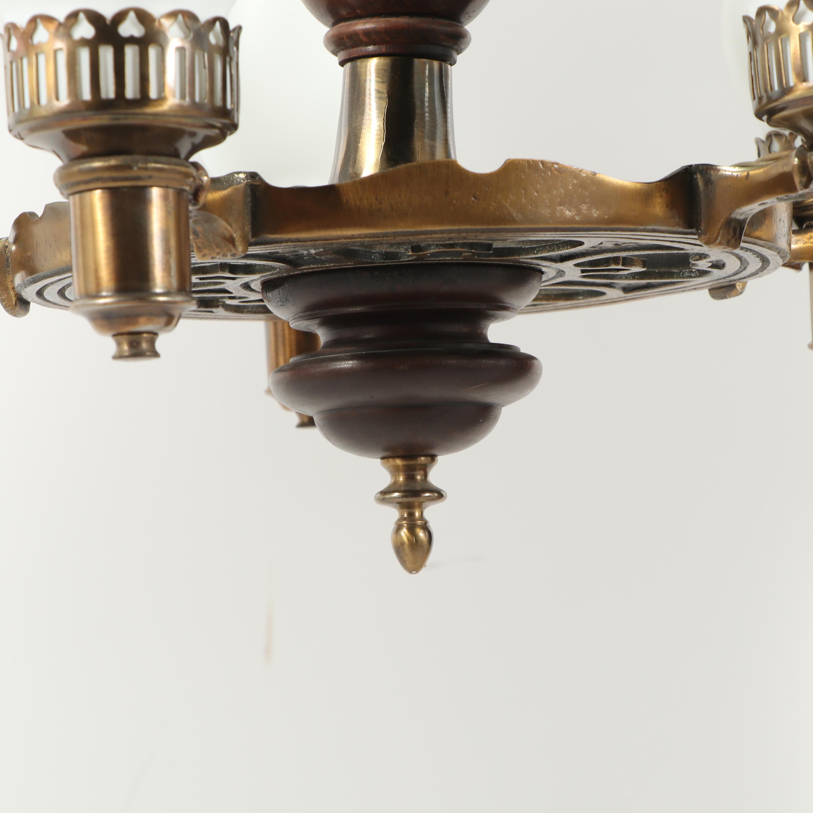 Vintage Brass and Wood Tavern Style Chandelier with Frosted Glass Shades