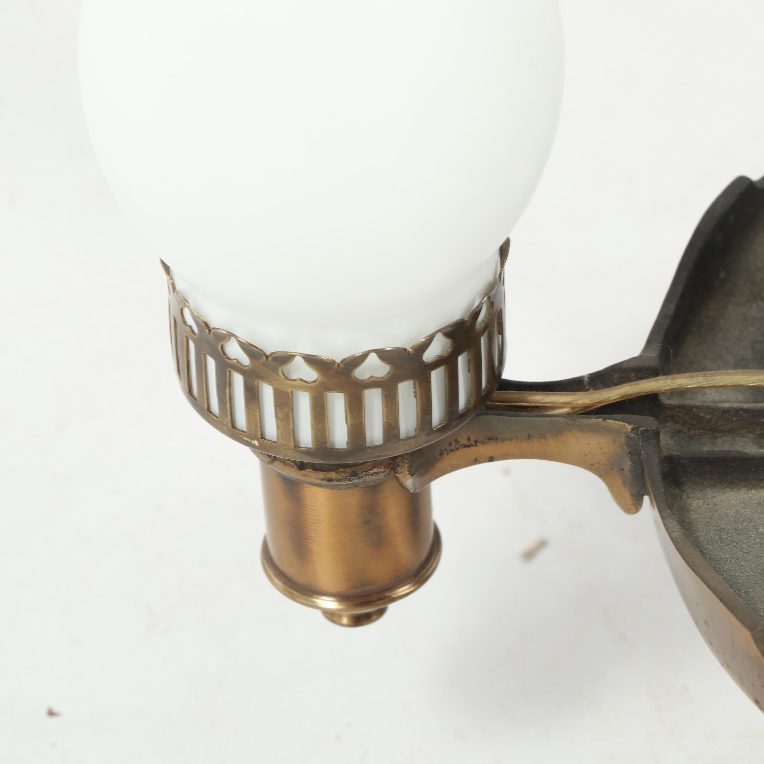 Vintage Brass and Wood Tavern Style Chandelier with Frosted Glass Shades