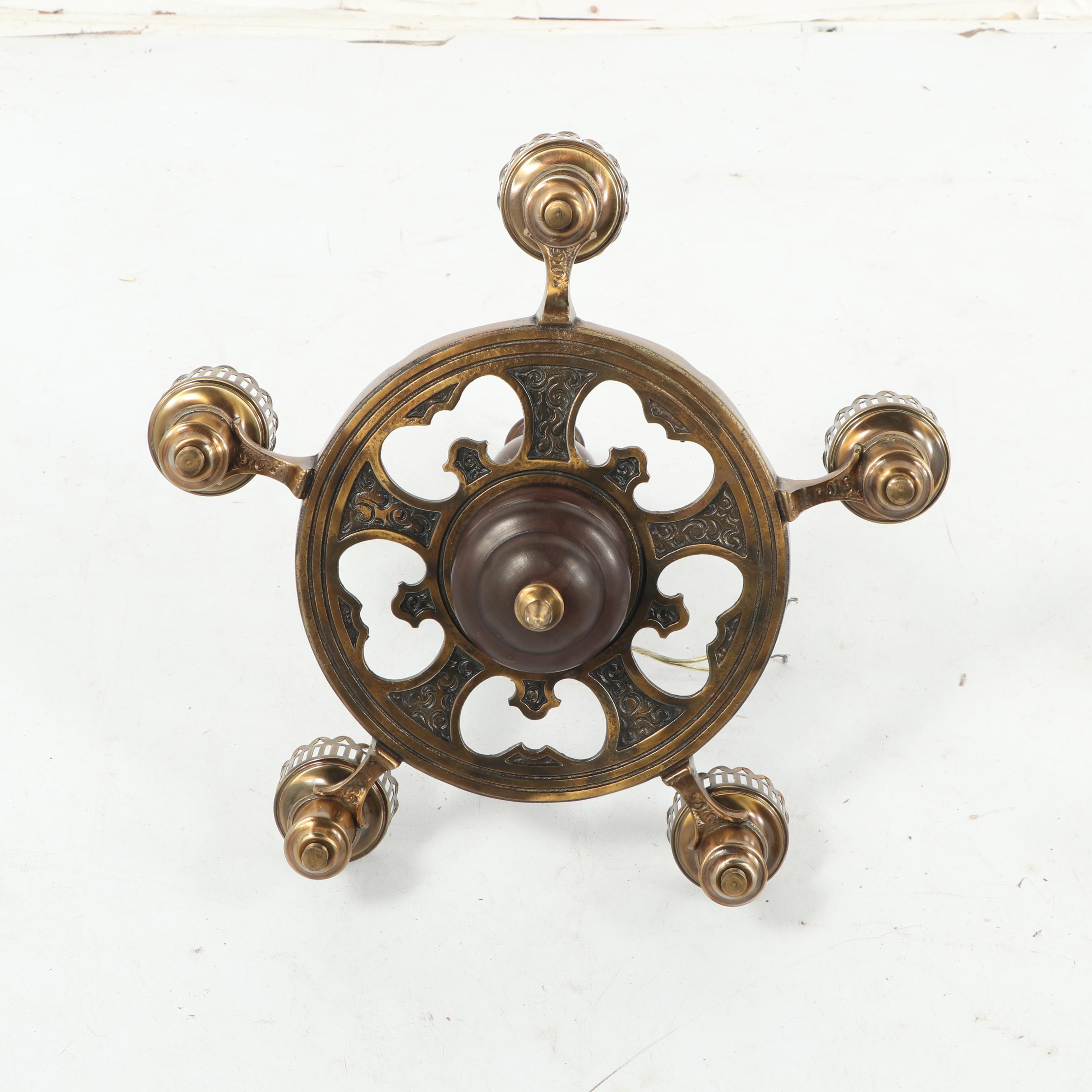 Vintage Brass and Wood Tavern Style Chandelier with Frosted Glass Shades