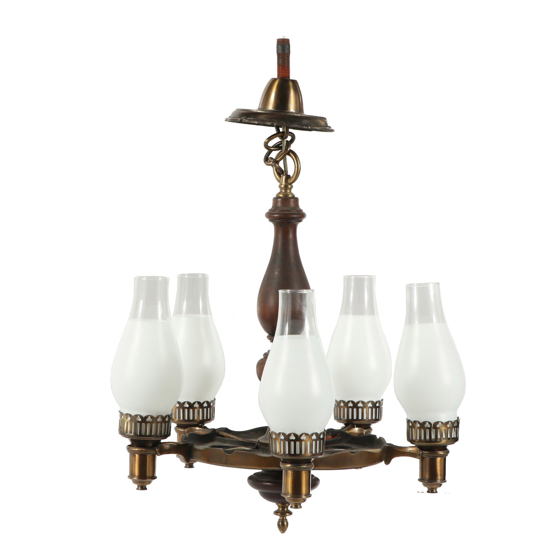 Vintage Brass and Wood Tavern Style Chandelier with Frosted Glass Shades