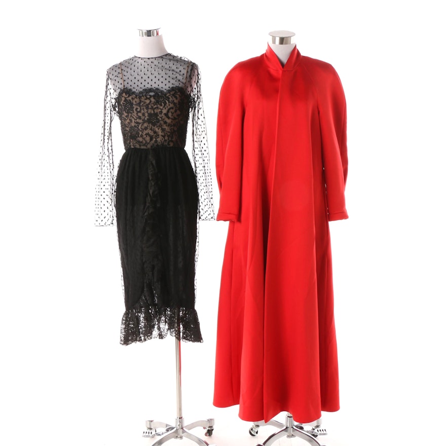 Victor Costa Red Evening Coat and Bill Blass Lace Cocktail Dress