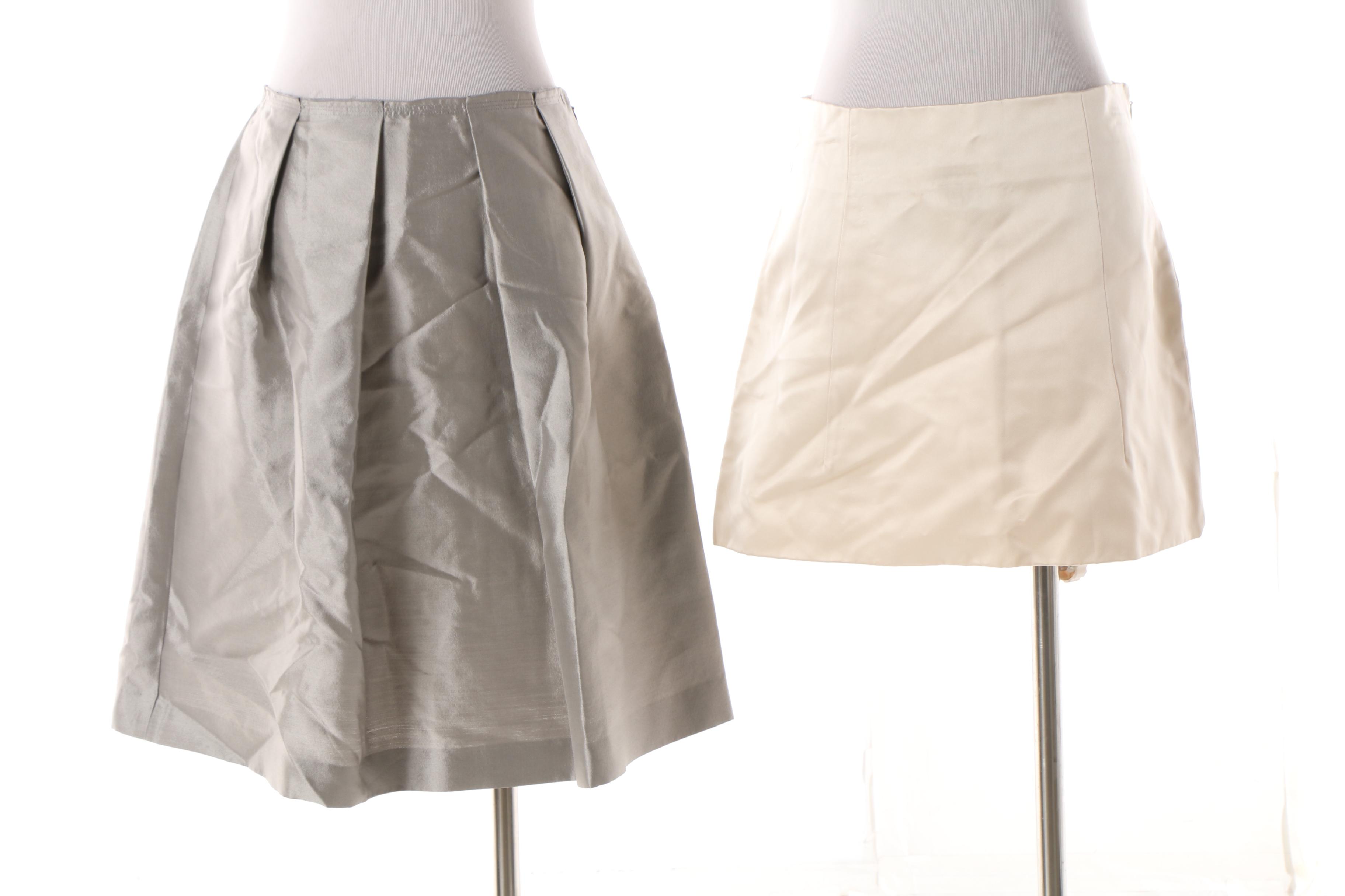 Prada Metallic Wool Blend A-Line Skirt and Cream Satin Silk Miniskirt