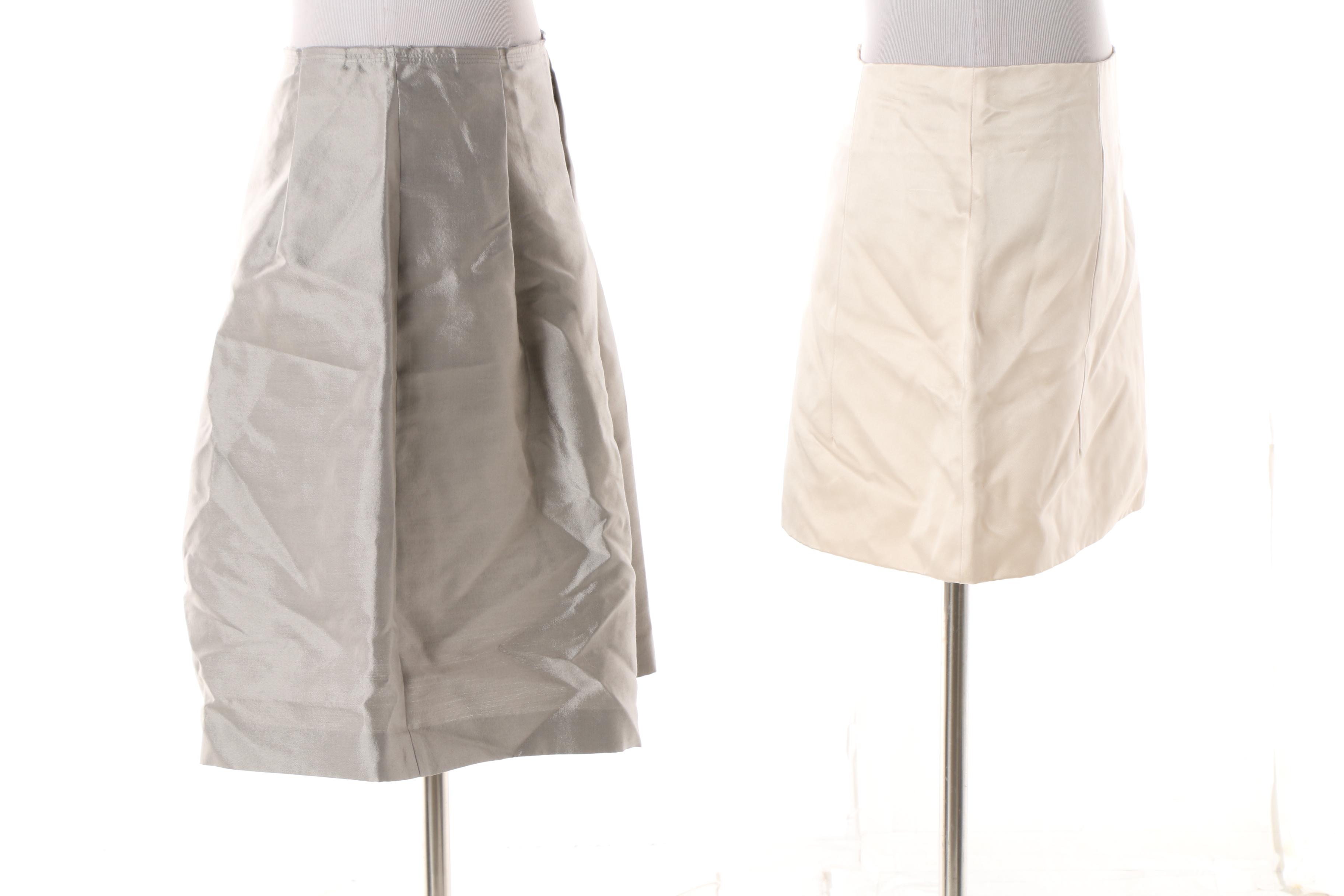 Prada Metallic Wool Blend A-Line Skirt and Cream Satin Silk Miniskirt