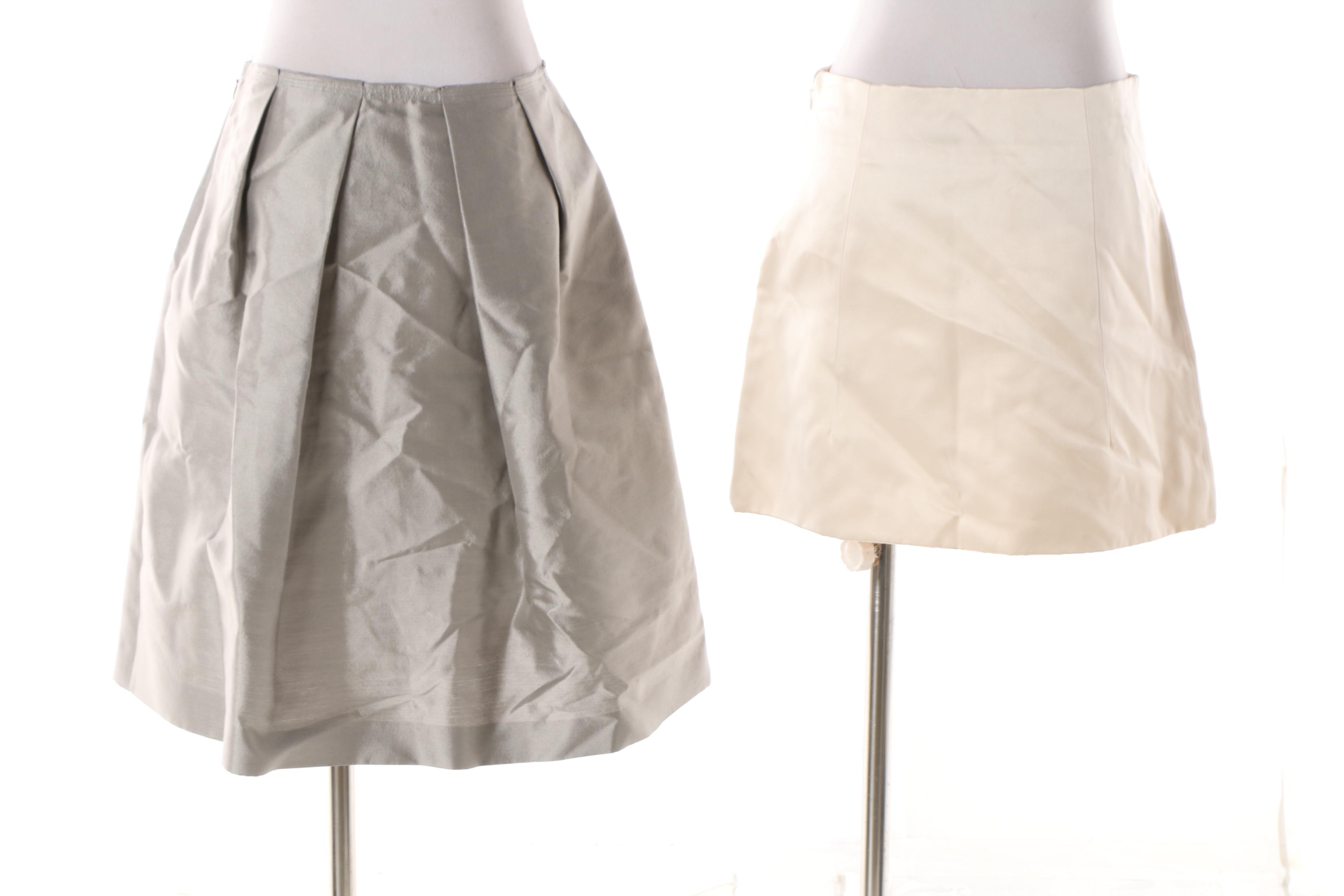 Prada Metallic Wool Blend A-Line Skirt and Cream Satin Silk Miniskirt
