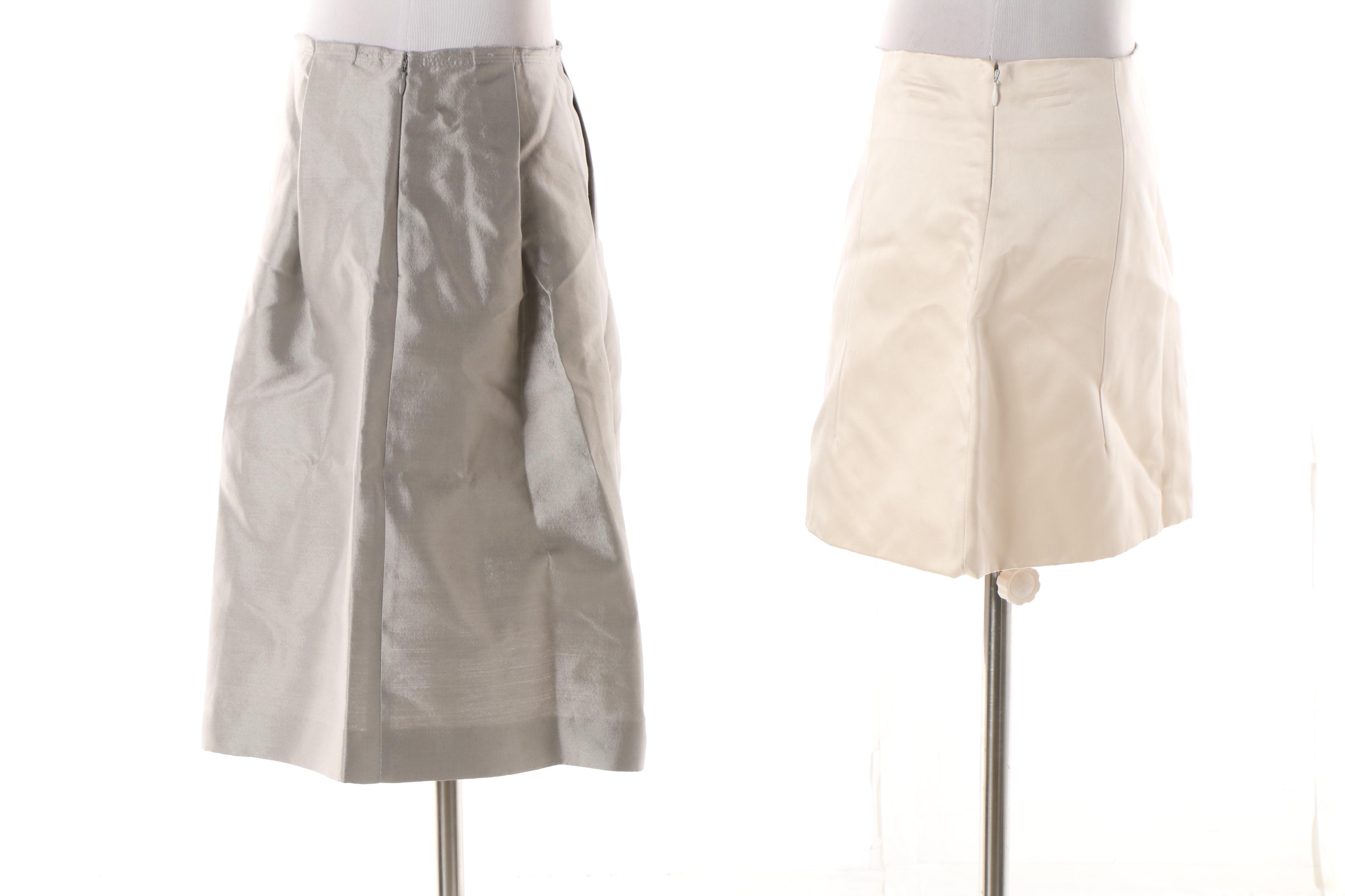 Prada Metallic Wool Blend A-Line Skirt and Cream Satin Silk Miniskirt