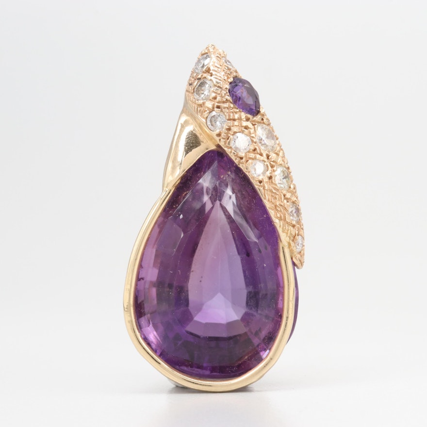 14K Yellow Gold Amethyst and Diamond Pendant with 28.25 CT Center Stone