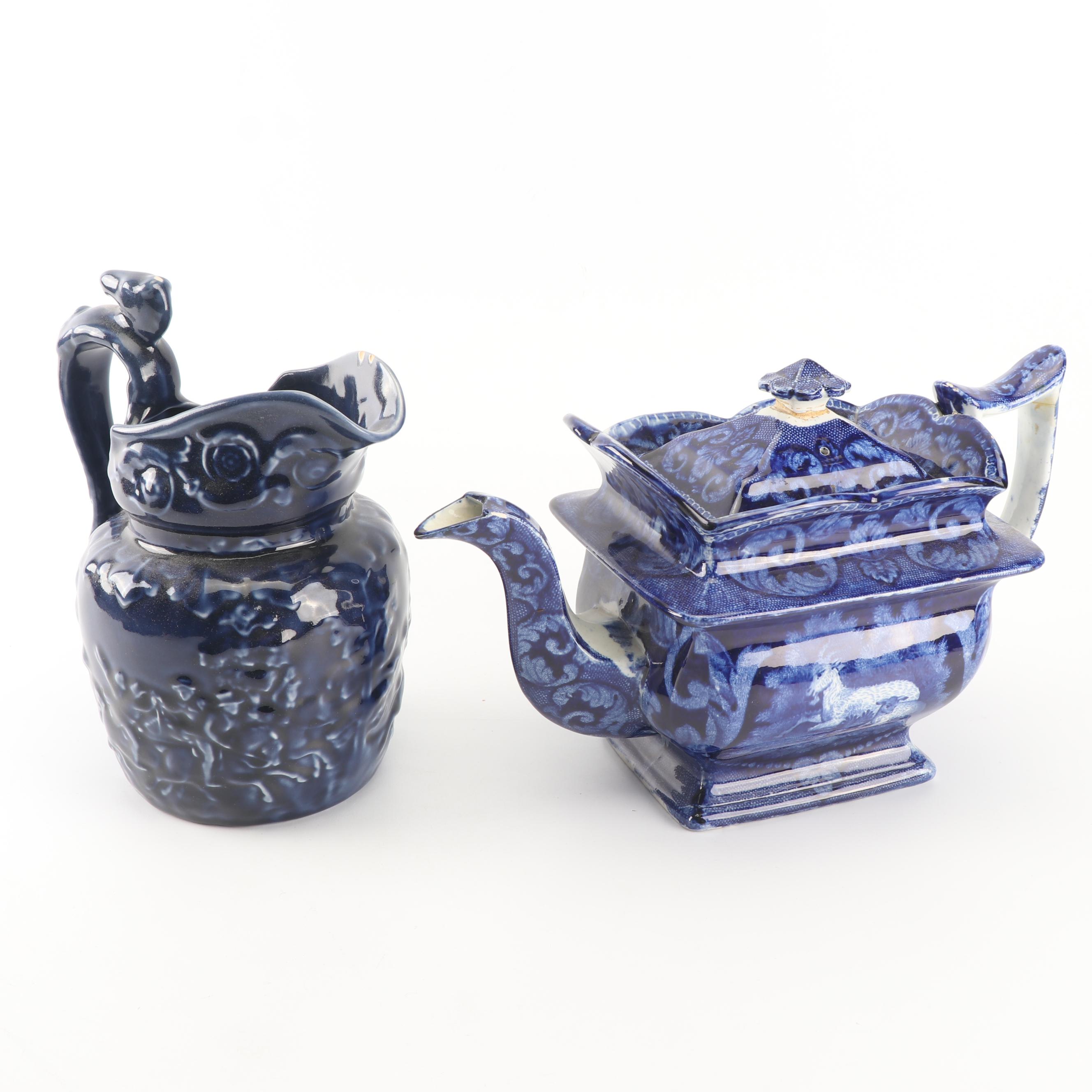 Arthur Wood Blue Glazed Pottery Pitcher with English Transfer-Printed Teapot